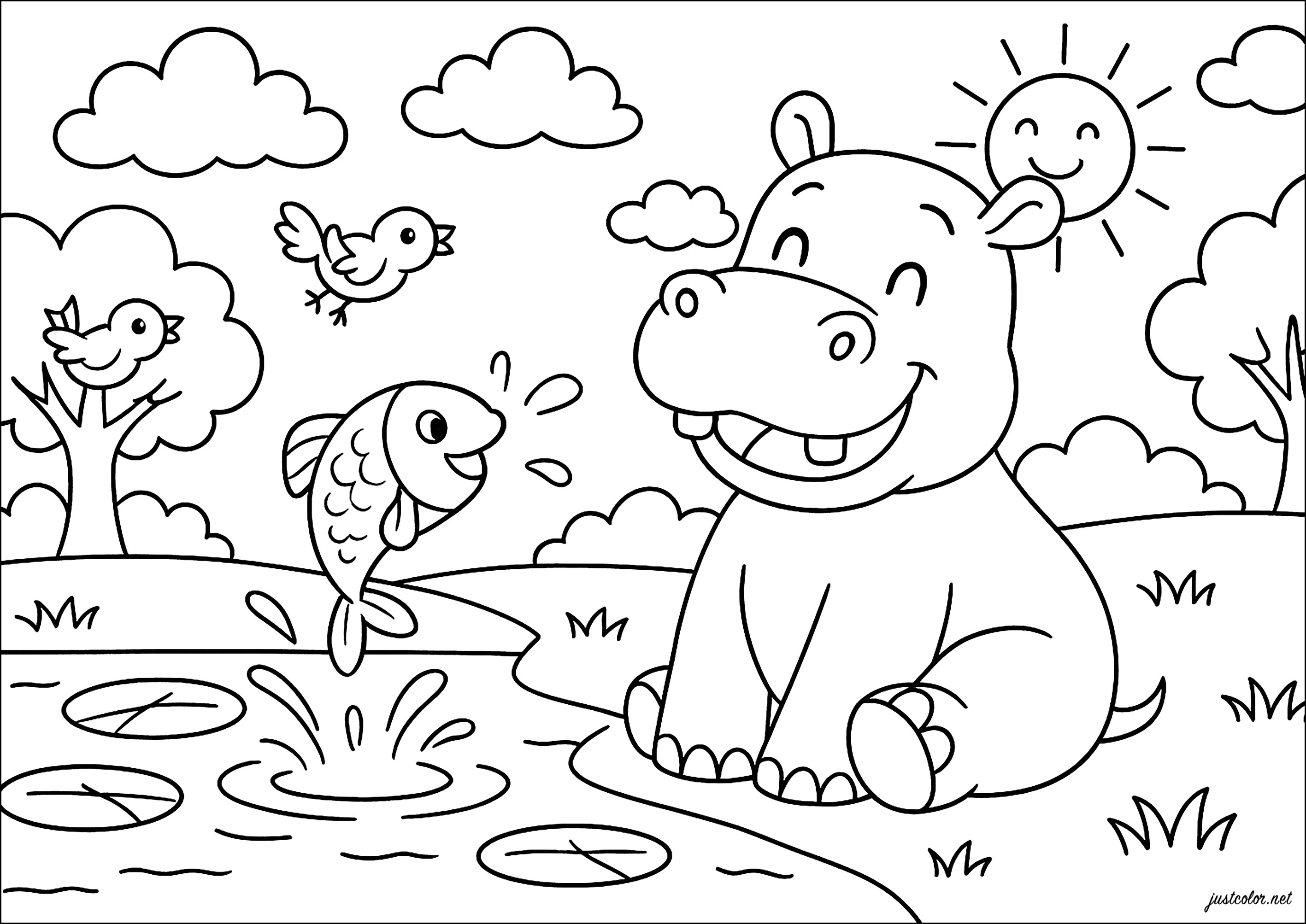 Ippopotamo sorridente e piccolo pesce (Pagina Hippopotamo da Colorare per bambini)