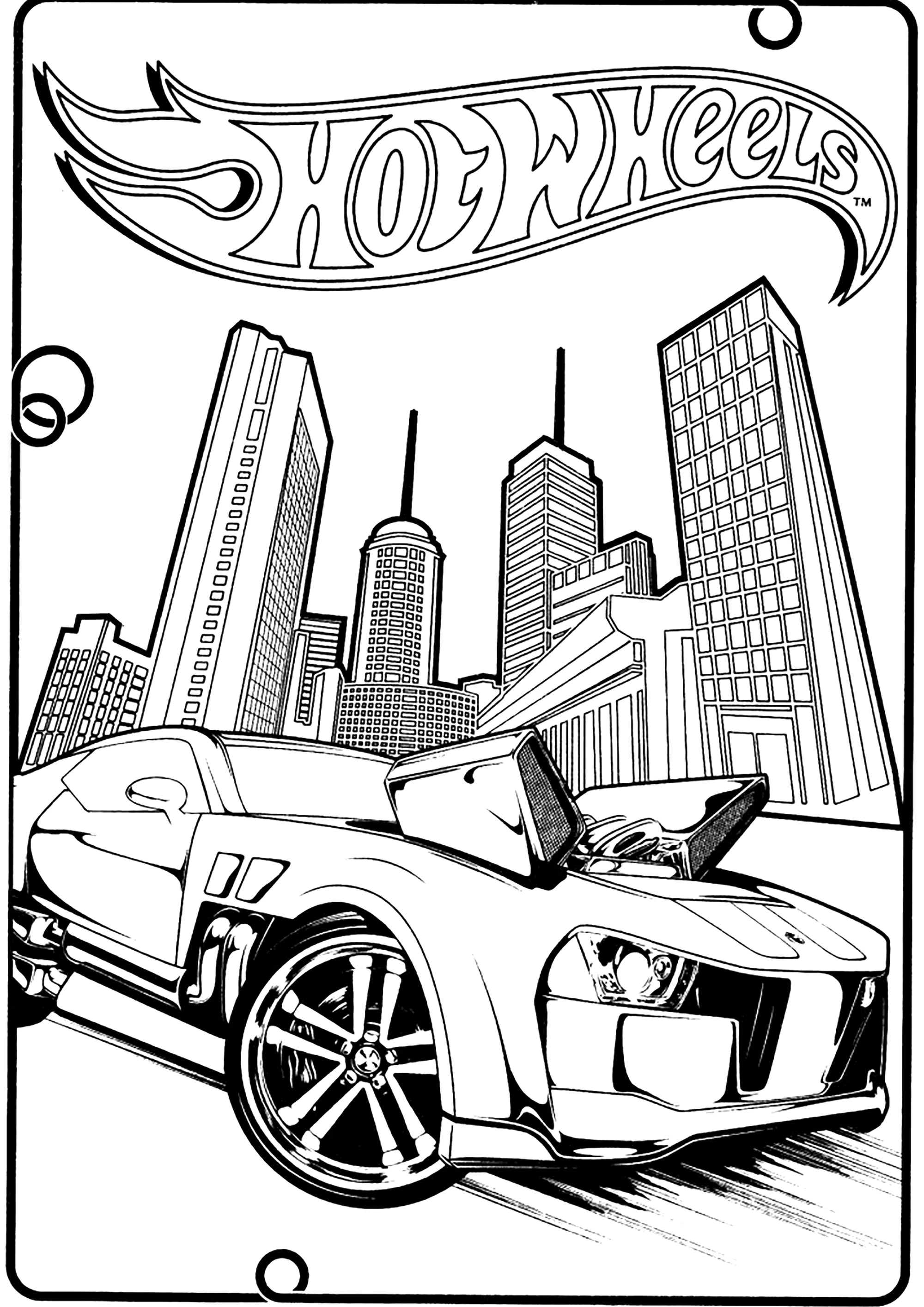 Una macchina Hot Wheels in una grande città con grattacieli. (Pagina da Colorare per bambini)