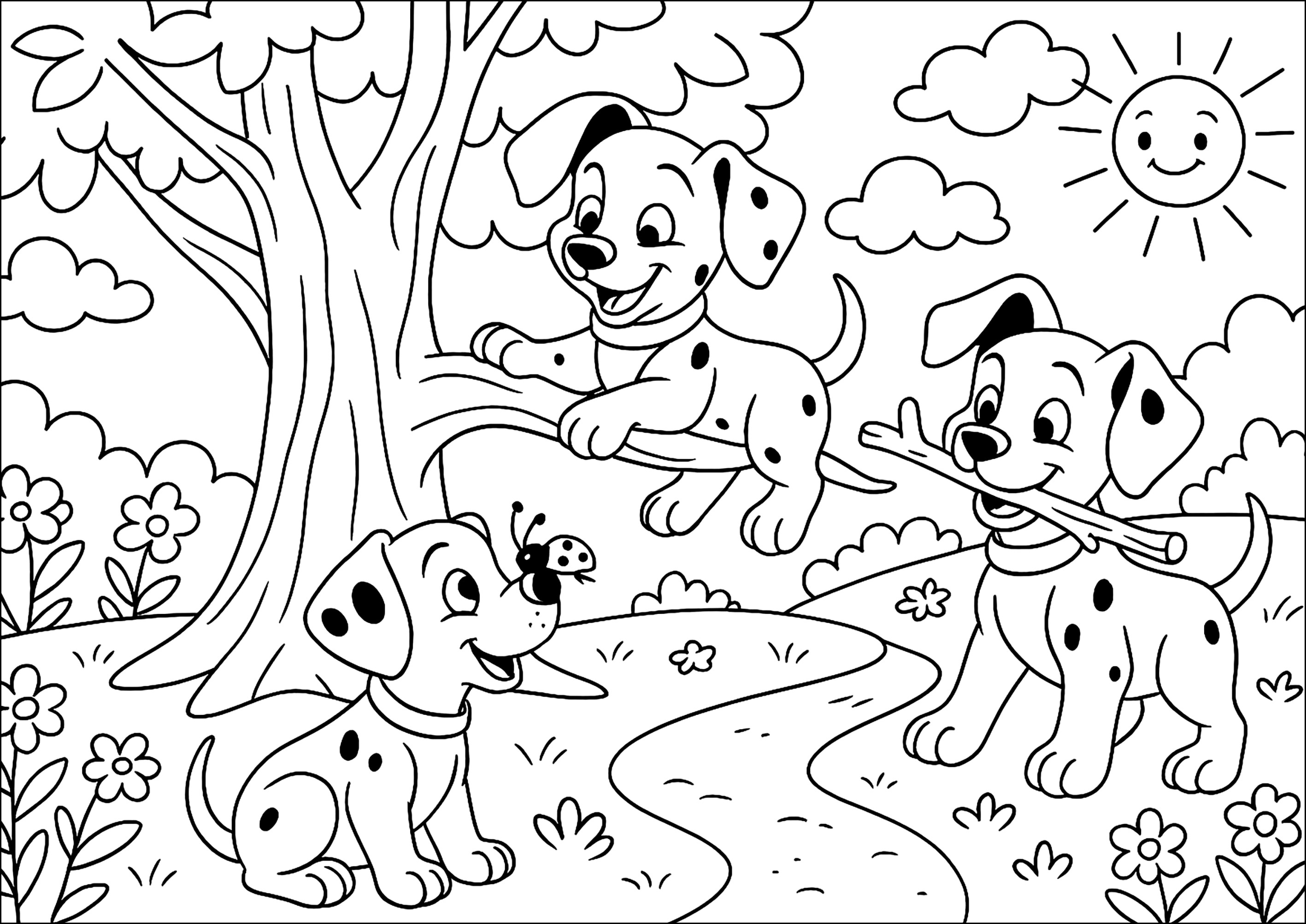 Cuccioli giocosi in un parco (Pagina I 101 Dalmatians da Colorare per bambini)