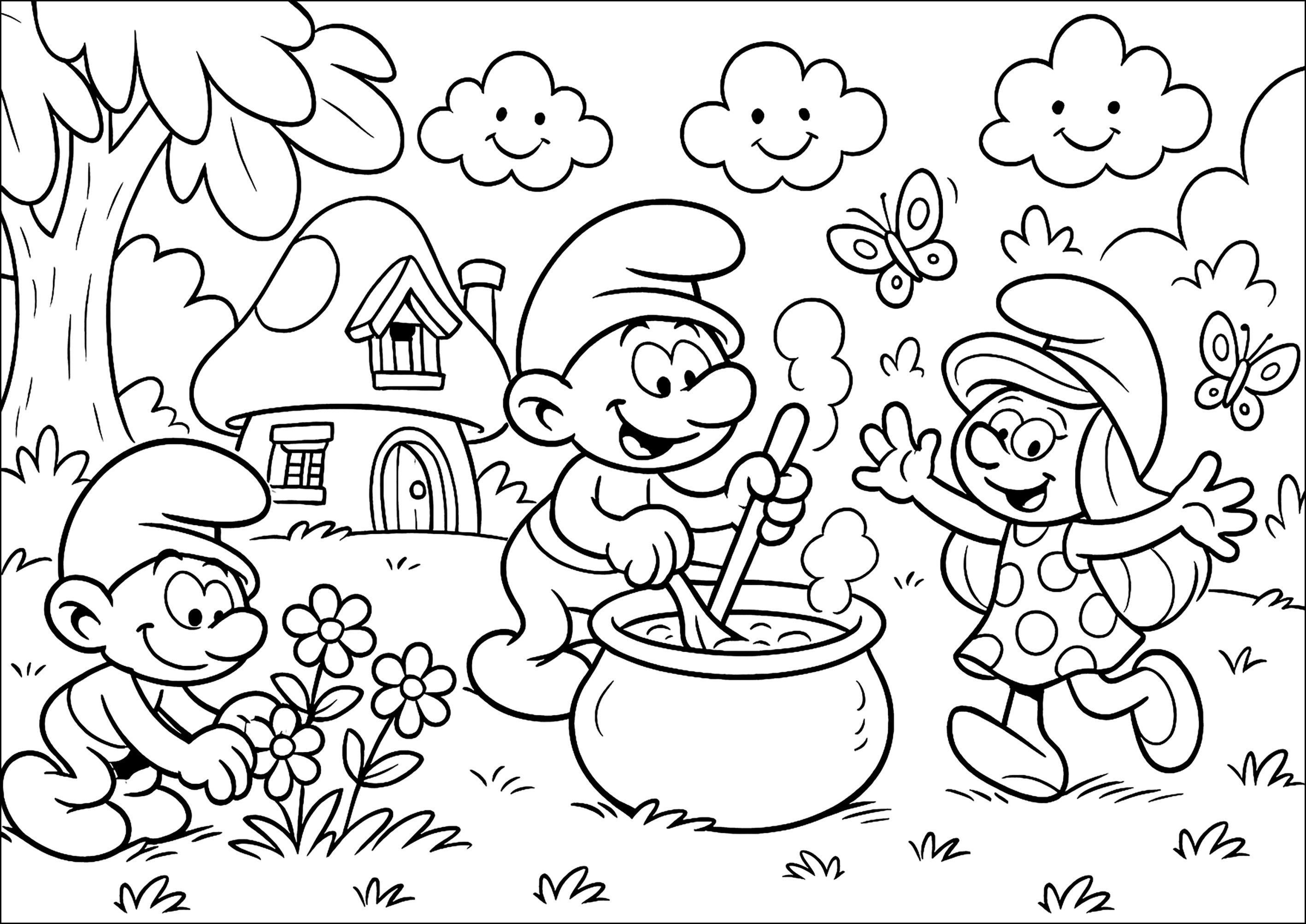 Avventura gioiosa nella radura incantata (Pagina I Puffi da Colorare per bambini)