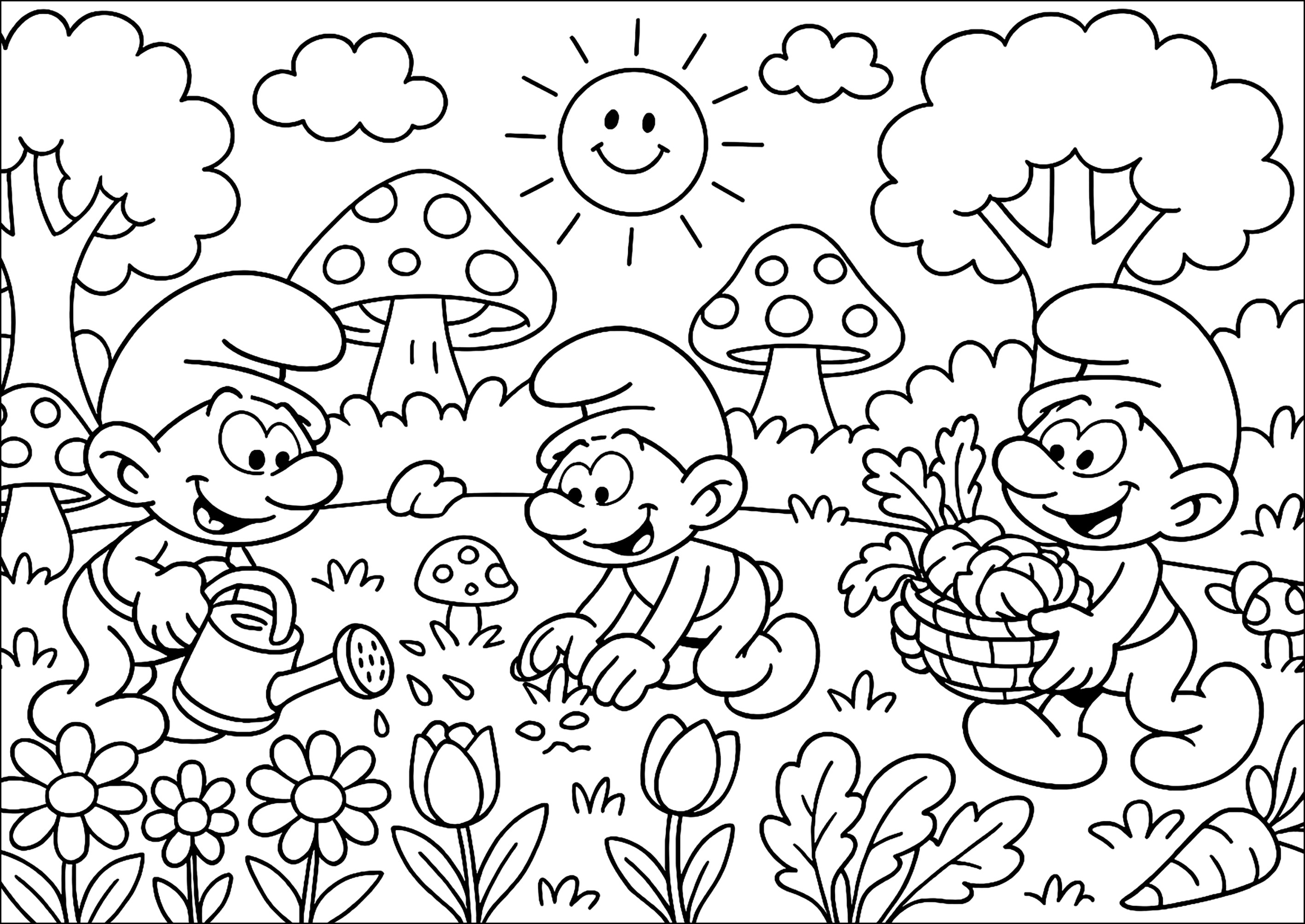 Giardinaggio gioioso sotto il sole (Pagina I Puffi da Colorare per bambini)
