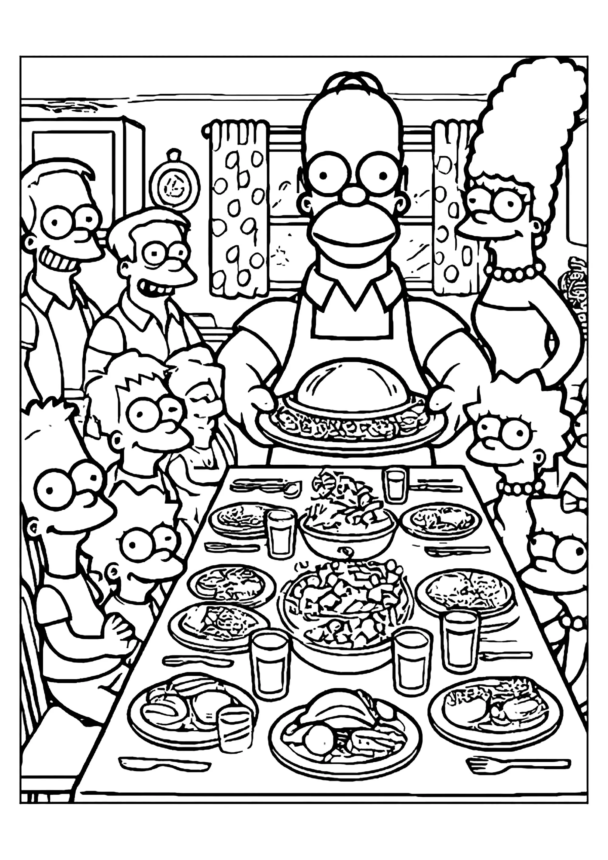 Cena in famiglia da I Simpson (Pagina da Colorare per bambini)