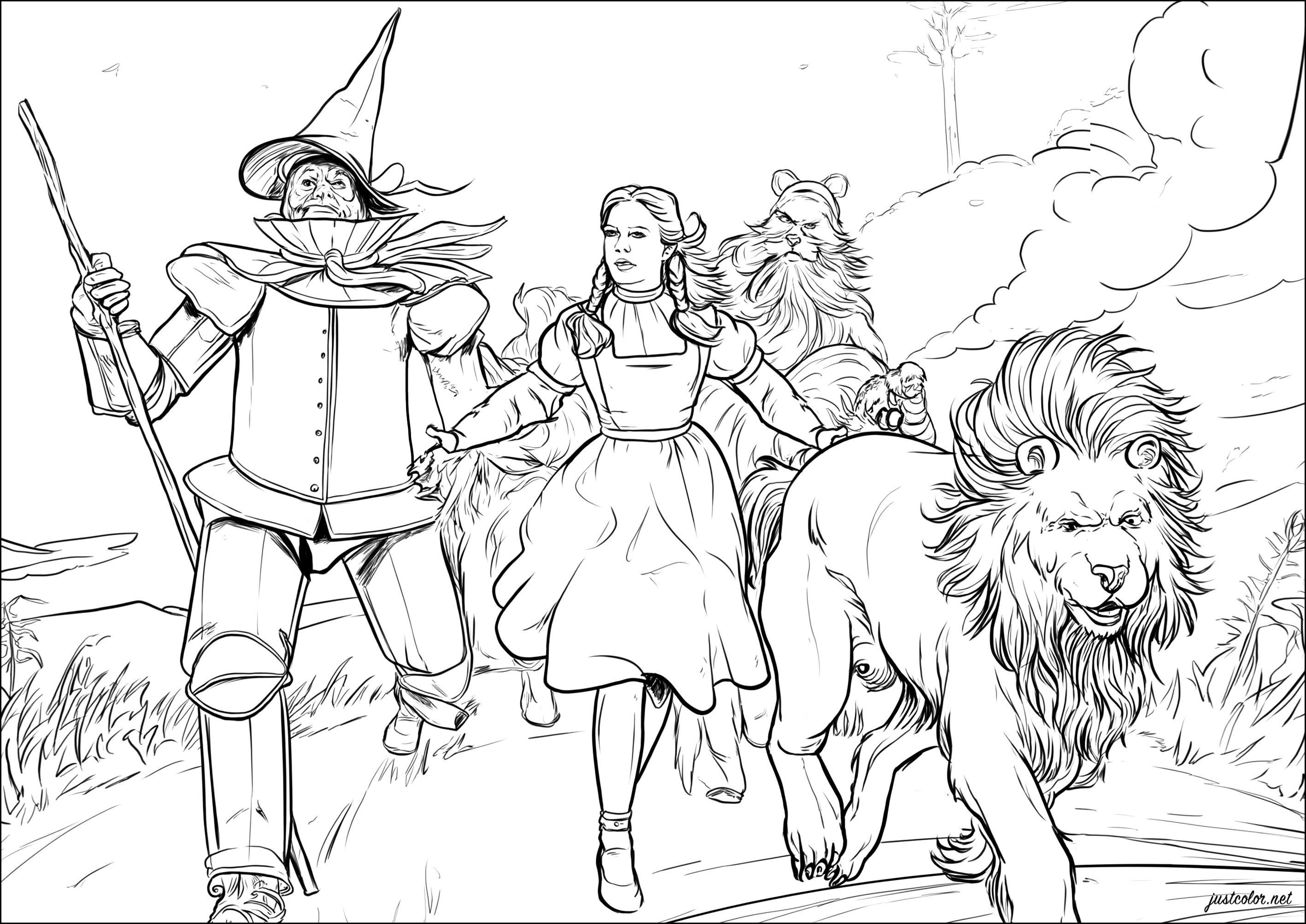 Dorothy e i suoi compagni sul sentiero di smeraldo (Pagina Il mago di Oz da Colorare per bambini)