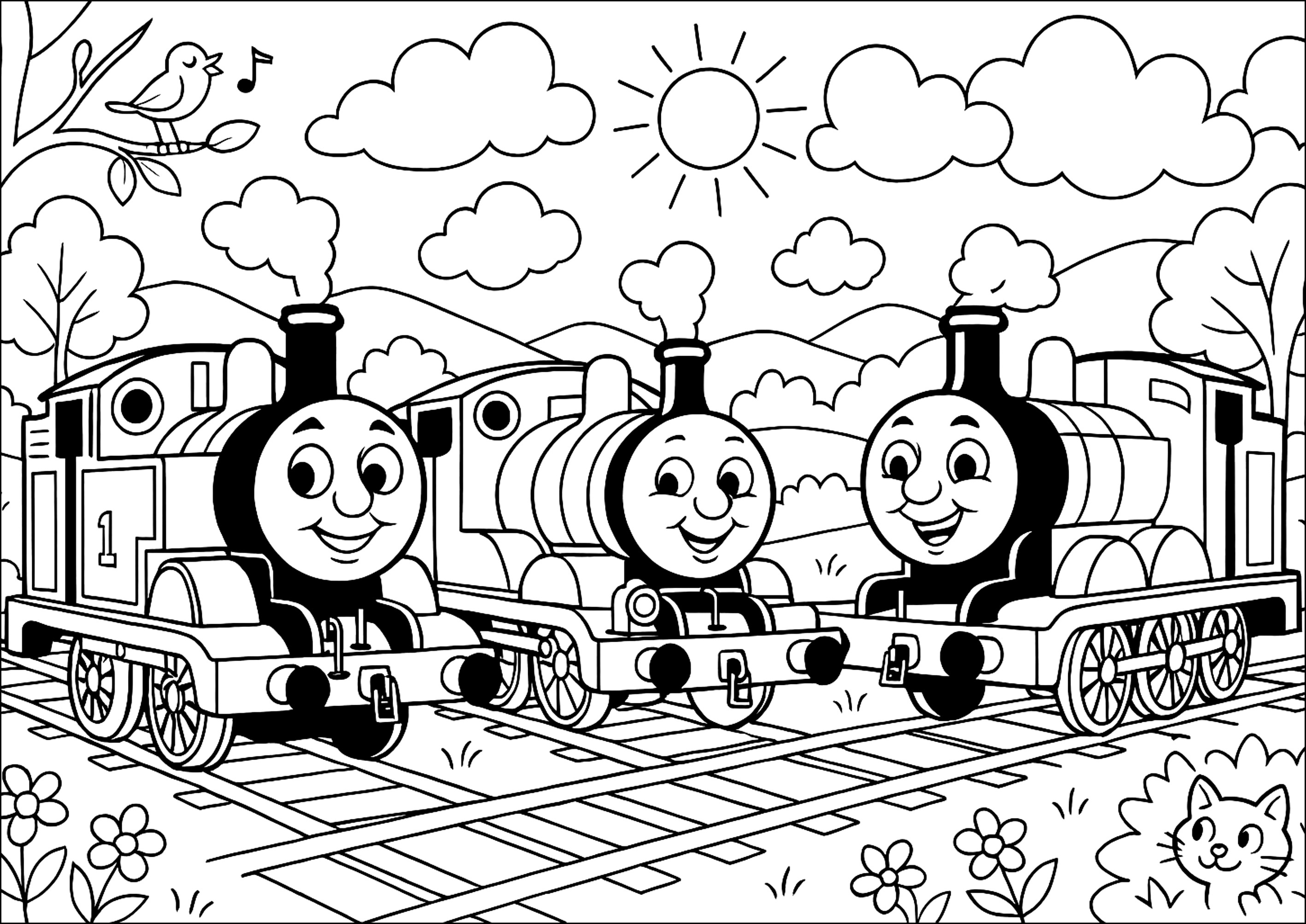 Tre locomotive amiche (Pagina Il trenino Thomas da Colorare per bambini)