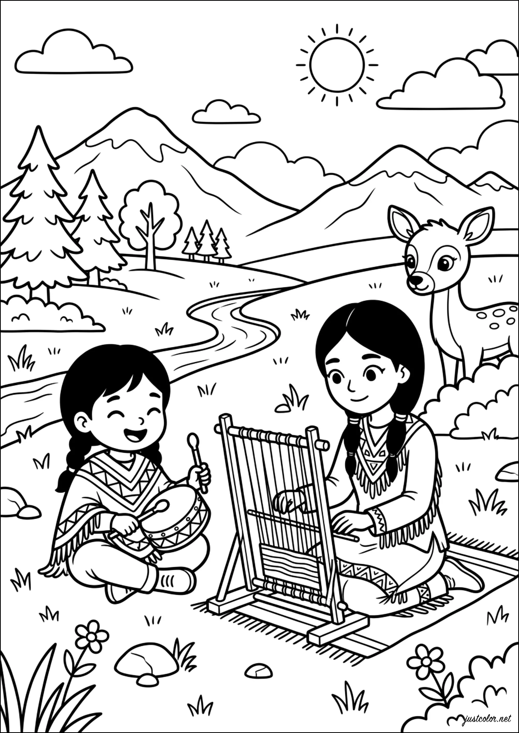 Scena di vita nella prateria (Pagina Indiani da Colorare per bambini)