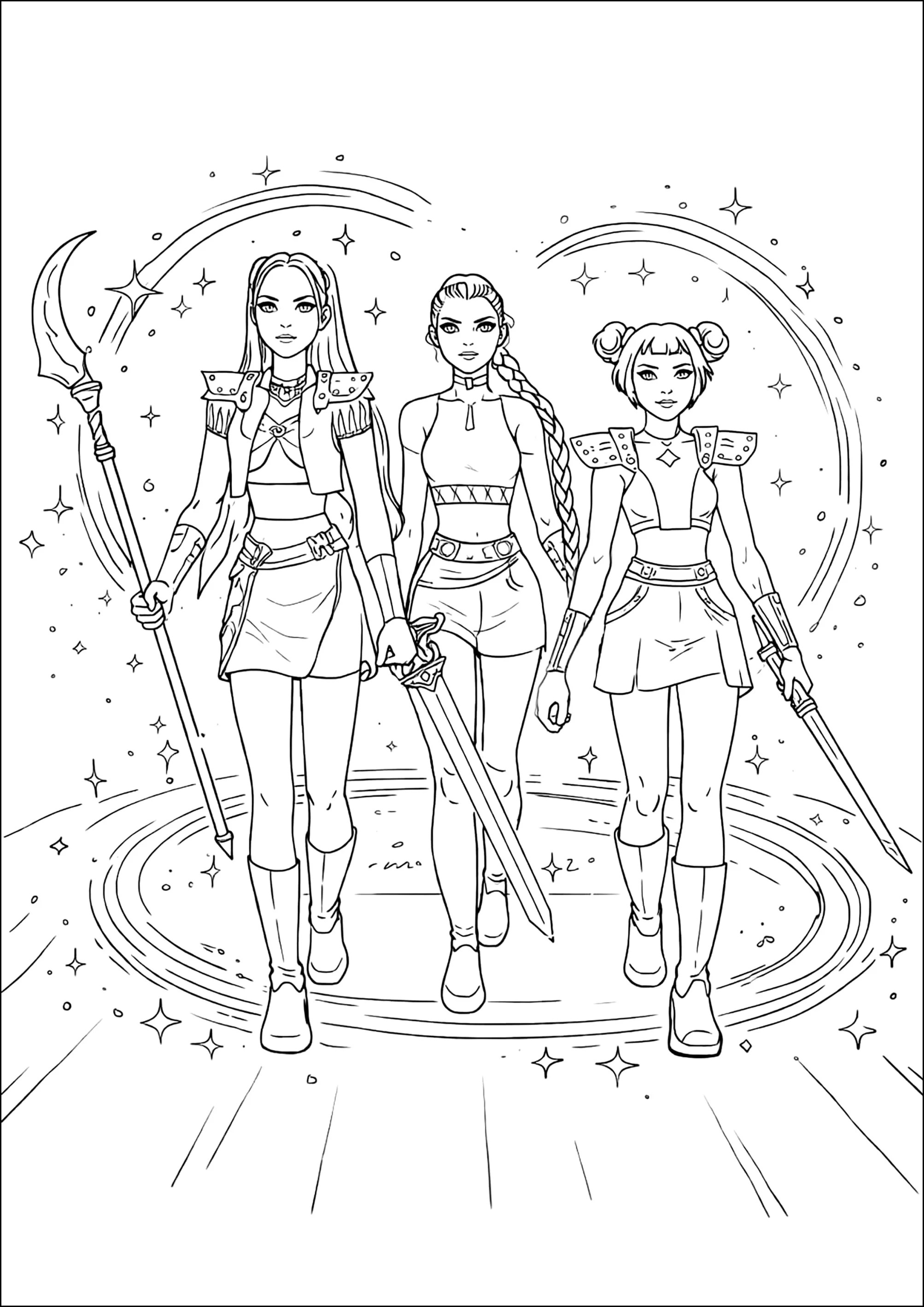 Trio di Guerriere dell'Ombra (Pagina K-Pop Demon Hunters da Colorare per bambini)