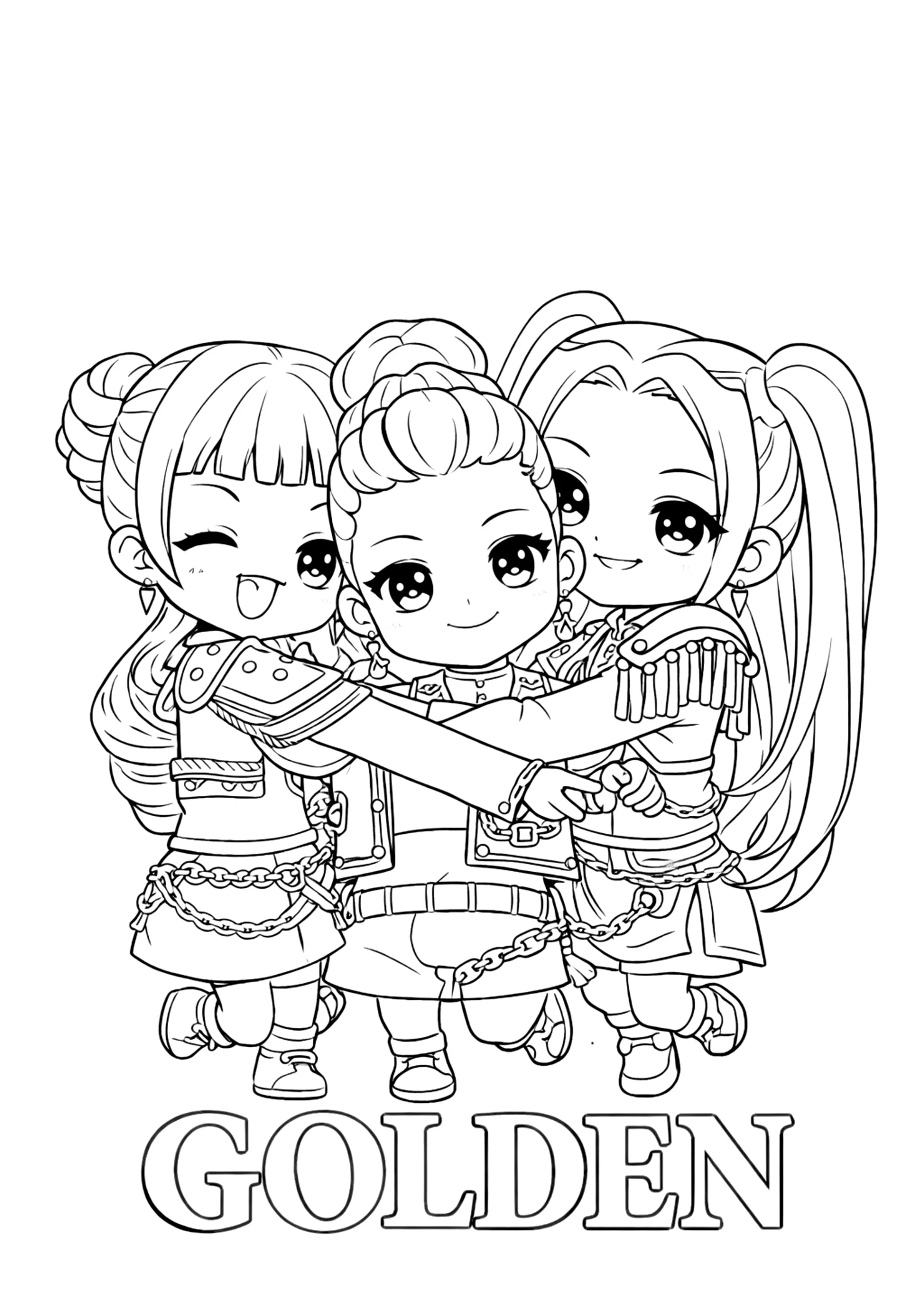 Cantanti del gruppo Huntrx stile chibi (Pagina K-Pop Demon Hunters da Colorare per bambini)