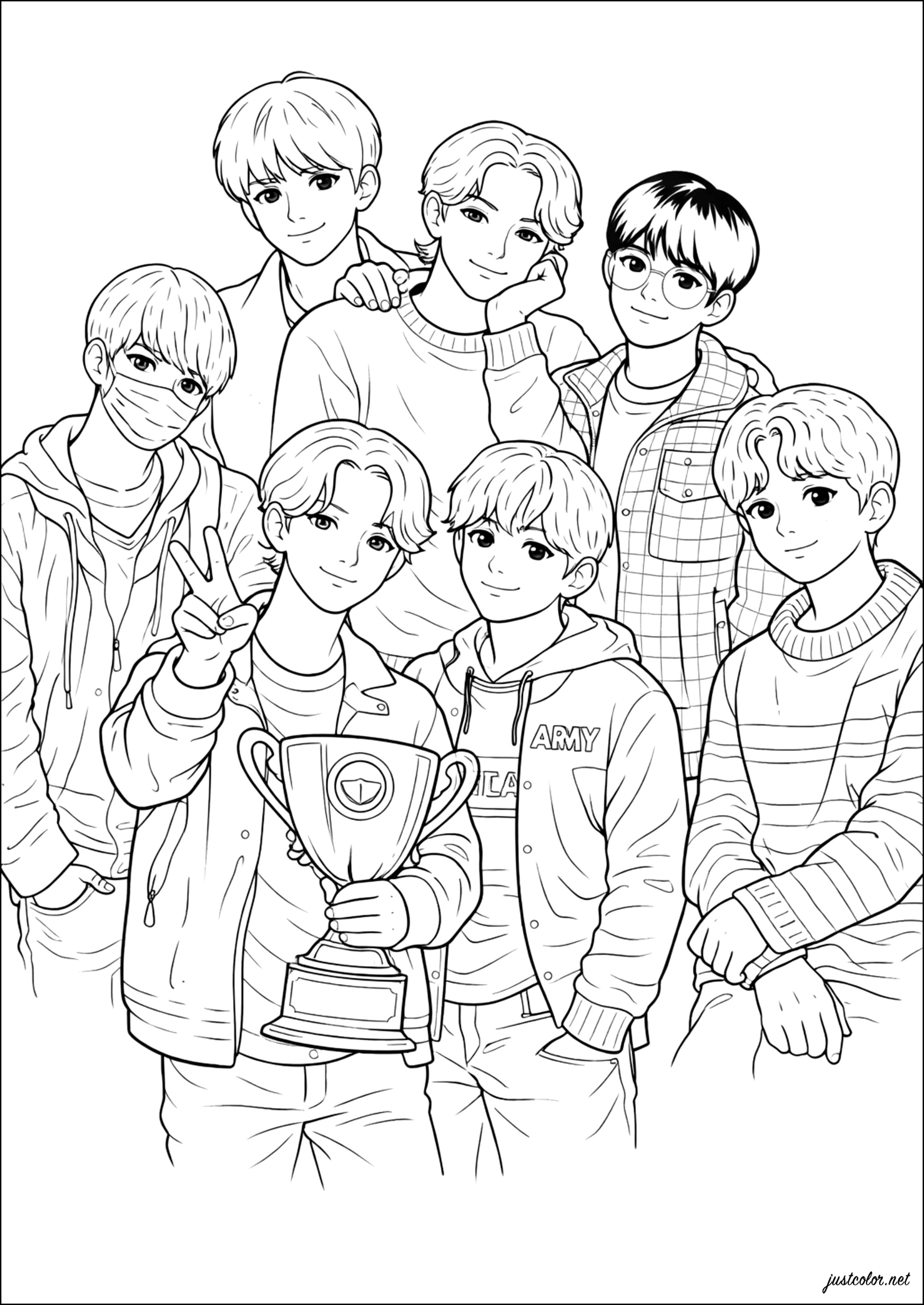 BTS: un gruppo musicale unito (Pagina K-pop da Colorare per bambini)