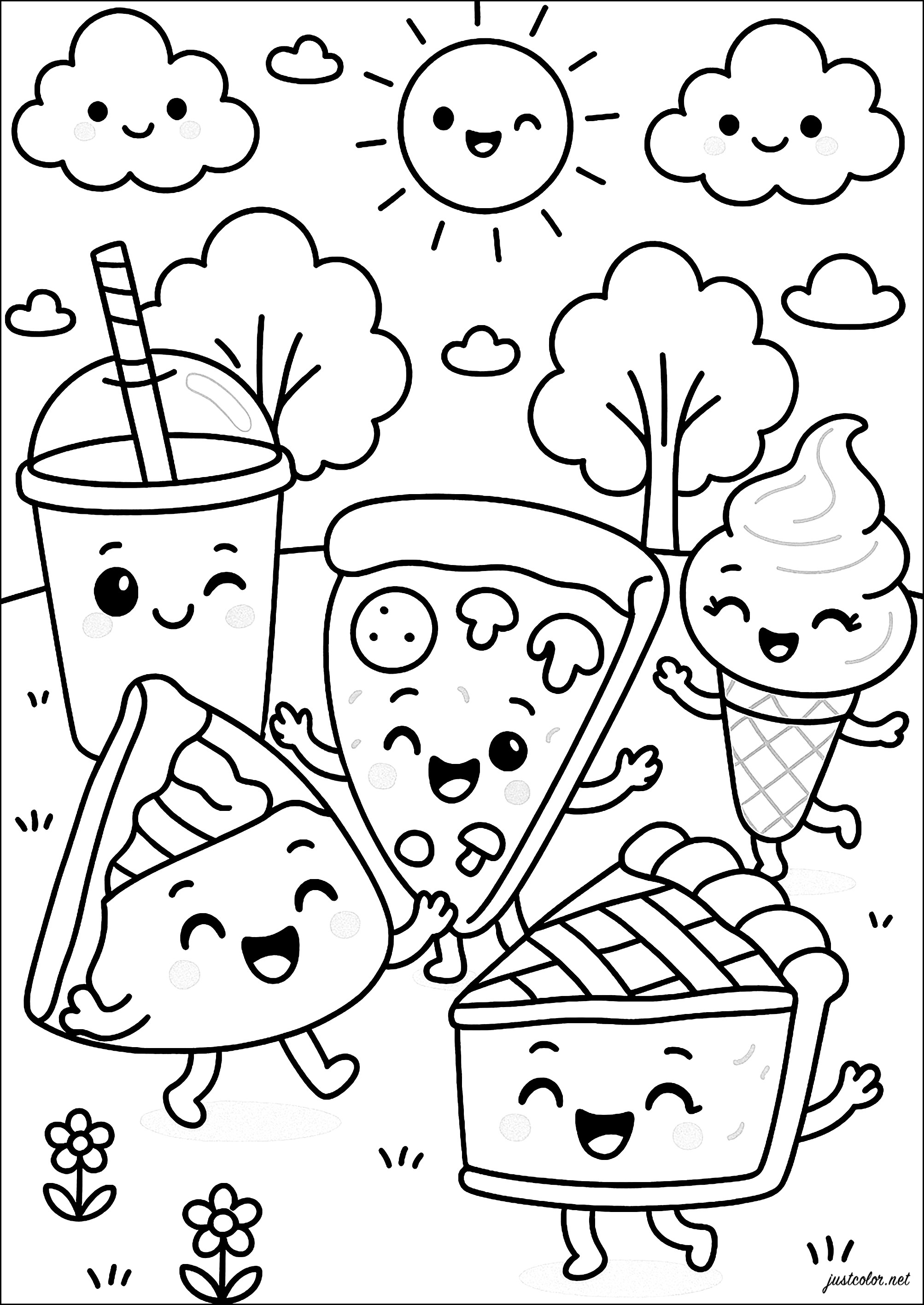 Pizza, milkshake, torta e gelato (Pagina Kawaii da Colorare per bambini)