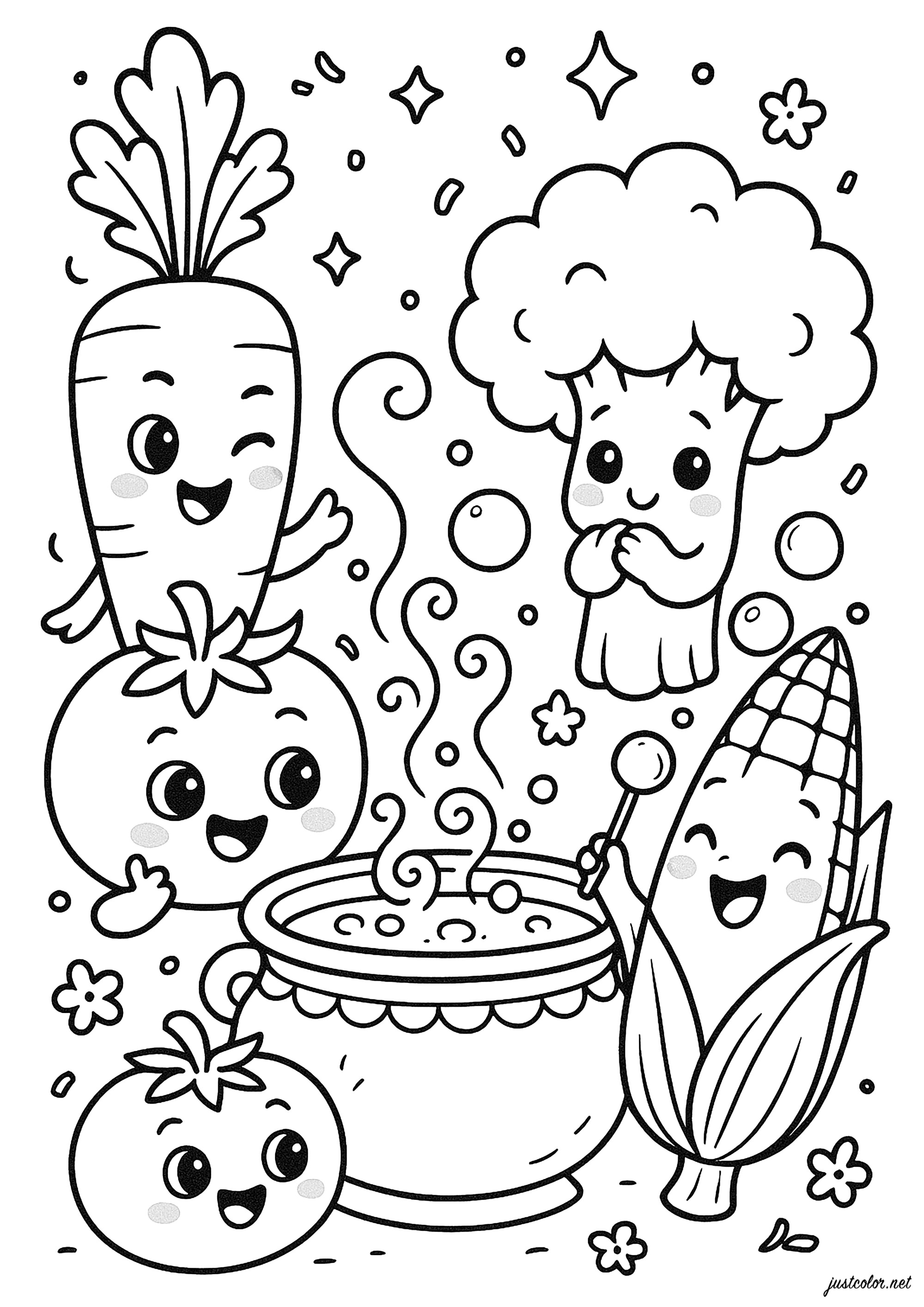 Preparazione di una buona zuppa (Pagina Kawaii da Colorare per bambini)