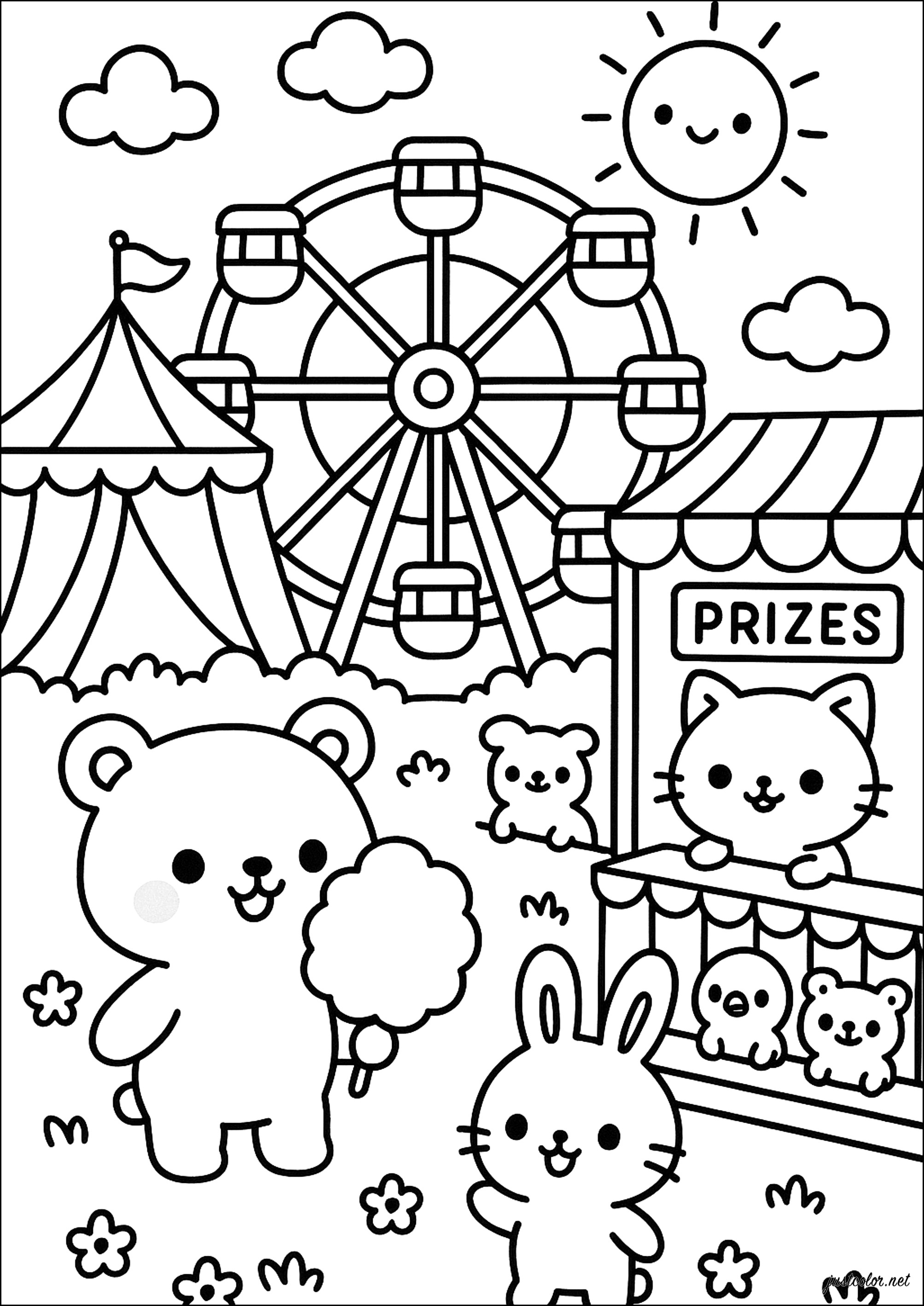 Giornata di divertimento al parco divertimenti (Pagina Kawaii da Colorare per bambini)