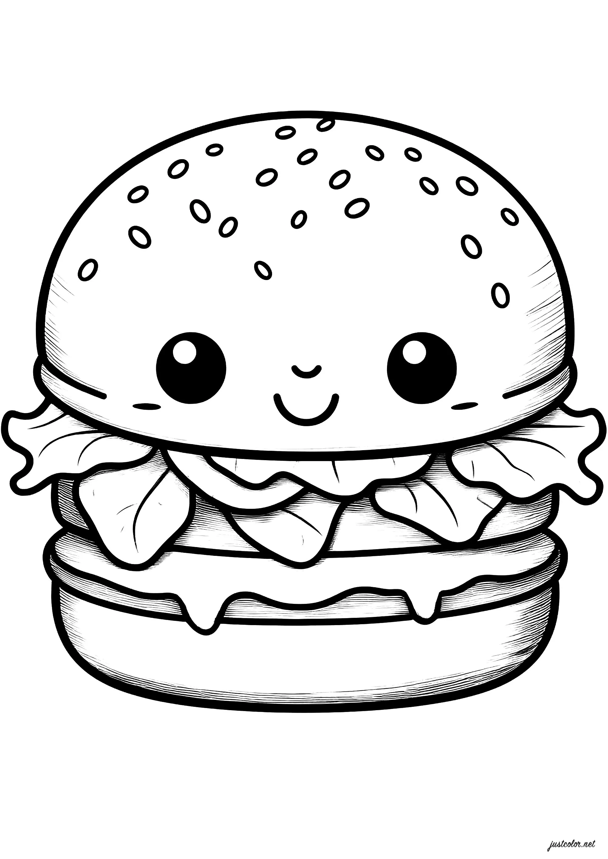 Un bell'hamburger con insalata e formaggio fresco (Pagina Kawaii da Colorare per bambini)