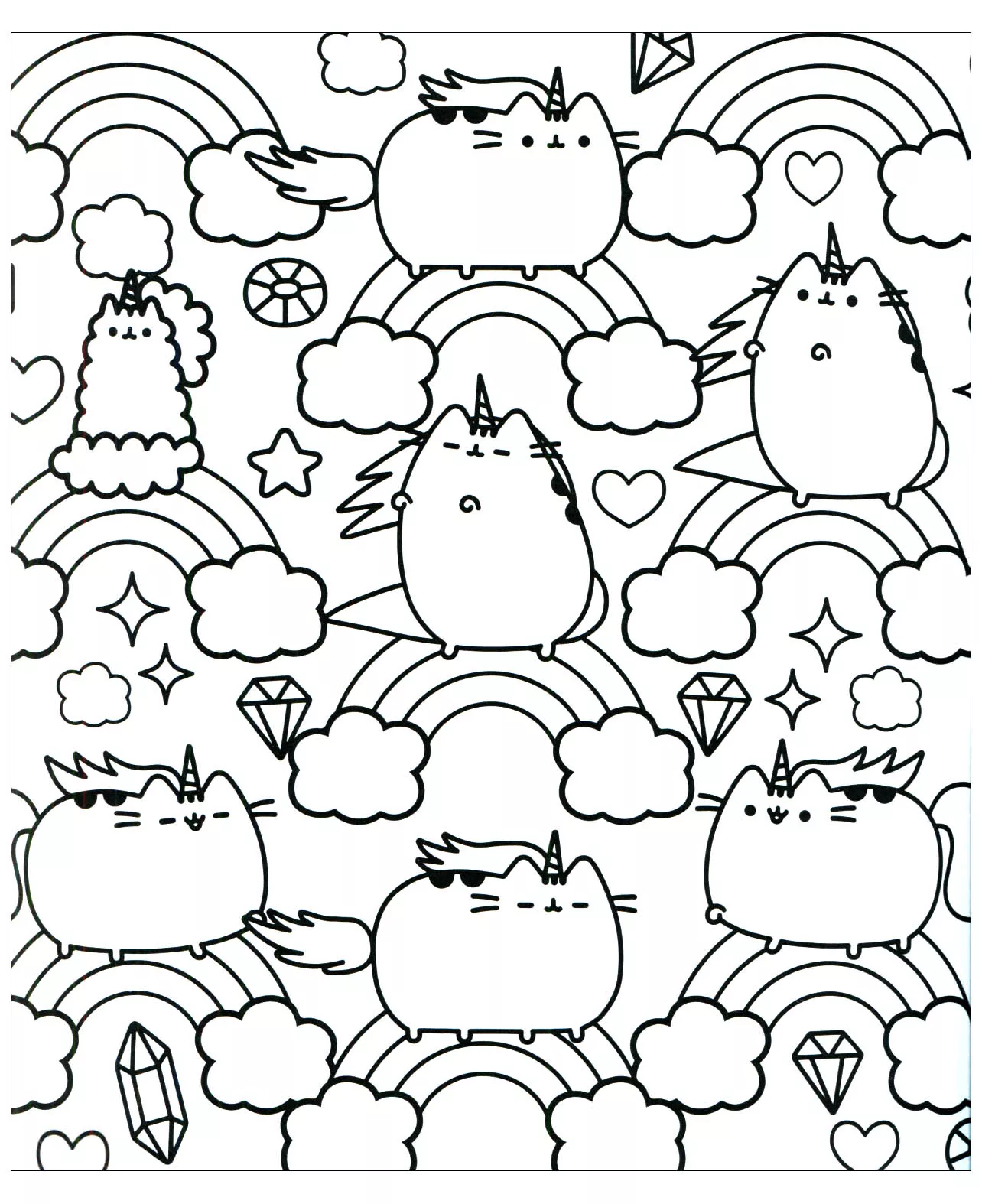 Pusheen il gatto e l'arcobaleno (Pagina Kawaii da Colorare per bambini)