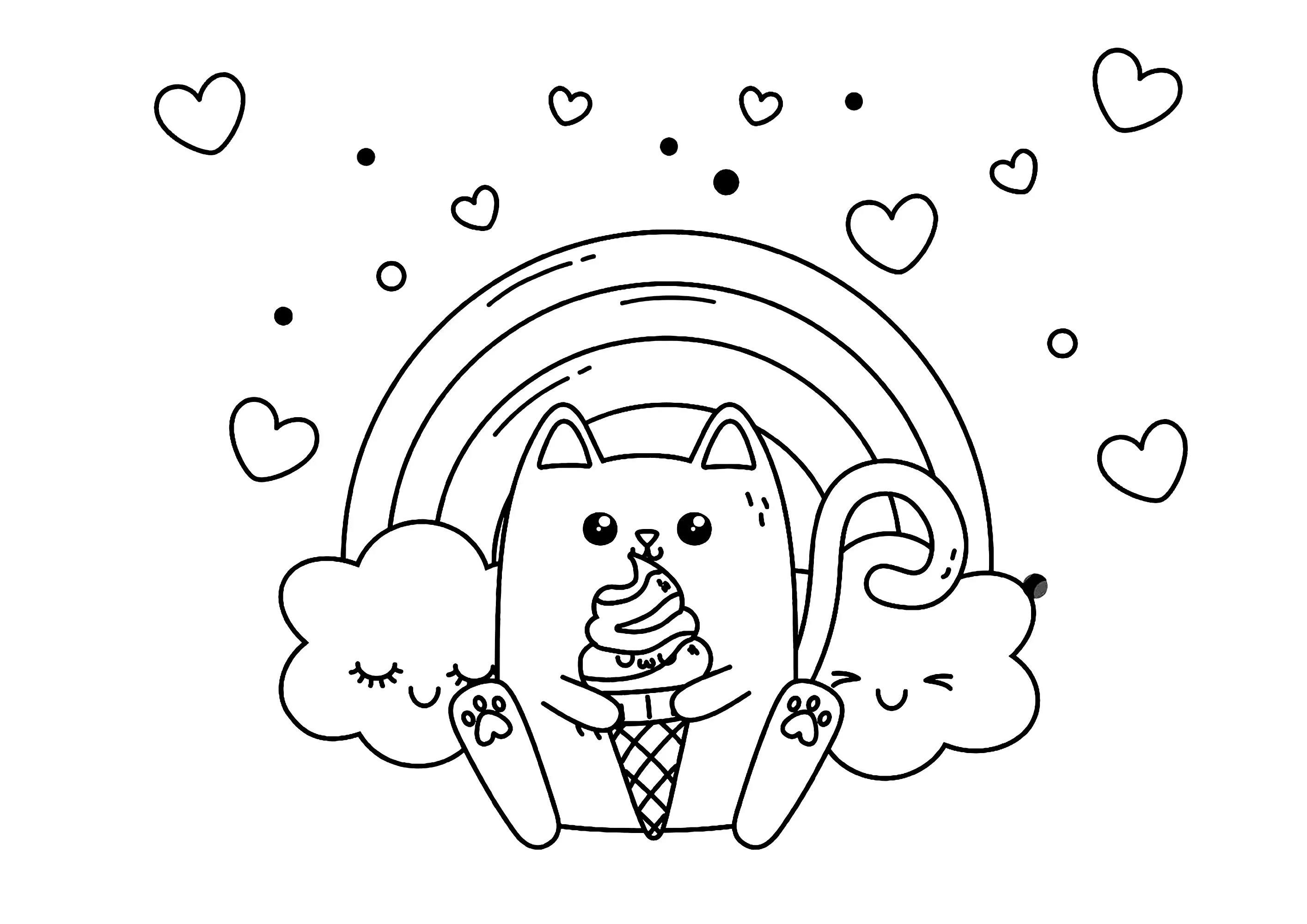 Piccolo gatto con un gelato, davanti a un bel arcobaleno. (Pagina Kawaii da Colorare per bambini)
