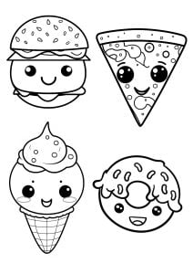 Pagina da Colorare per bambini : Burger, Pizza, Gelato e Donut in stile Kawaii