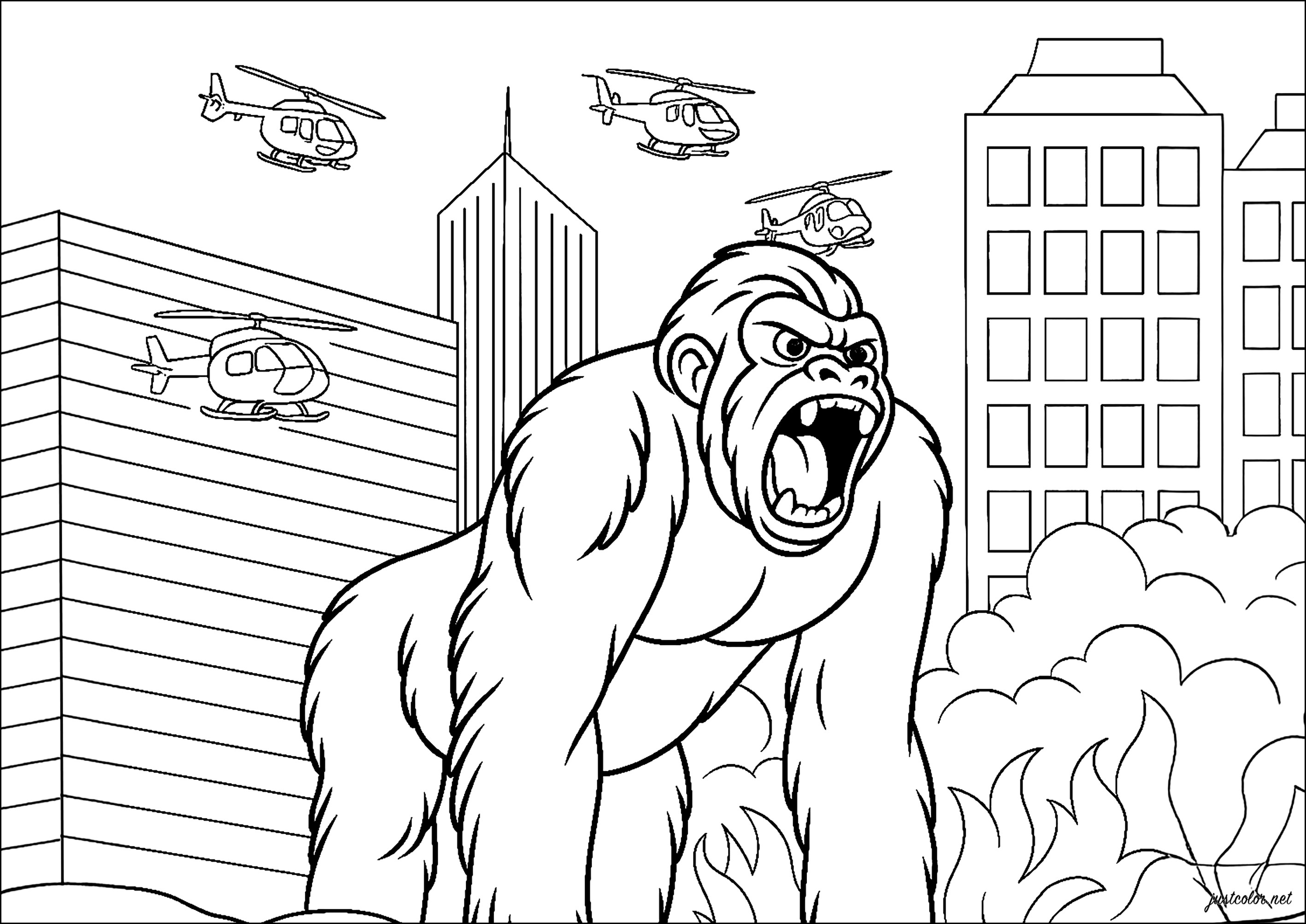 King Kong arrabbiato in città (Pagina da Colorare per bambini)