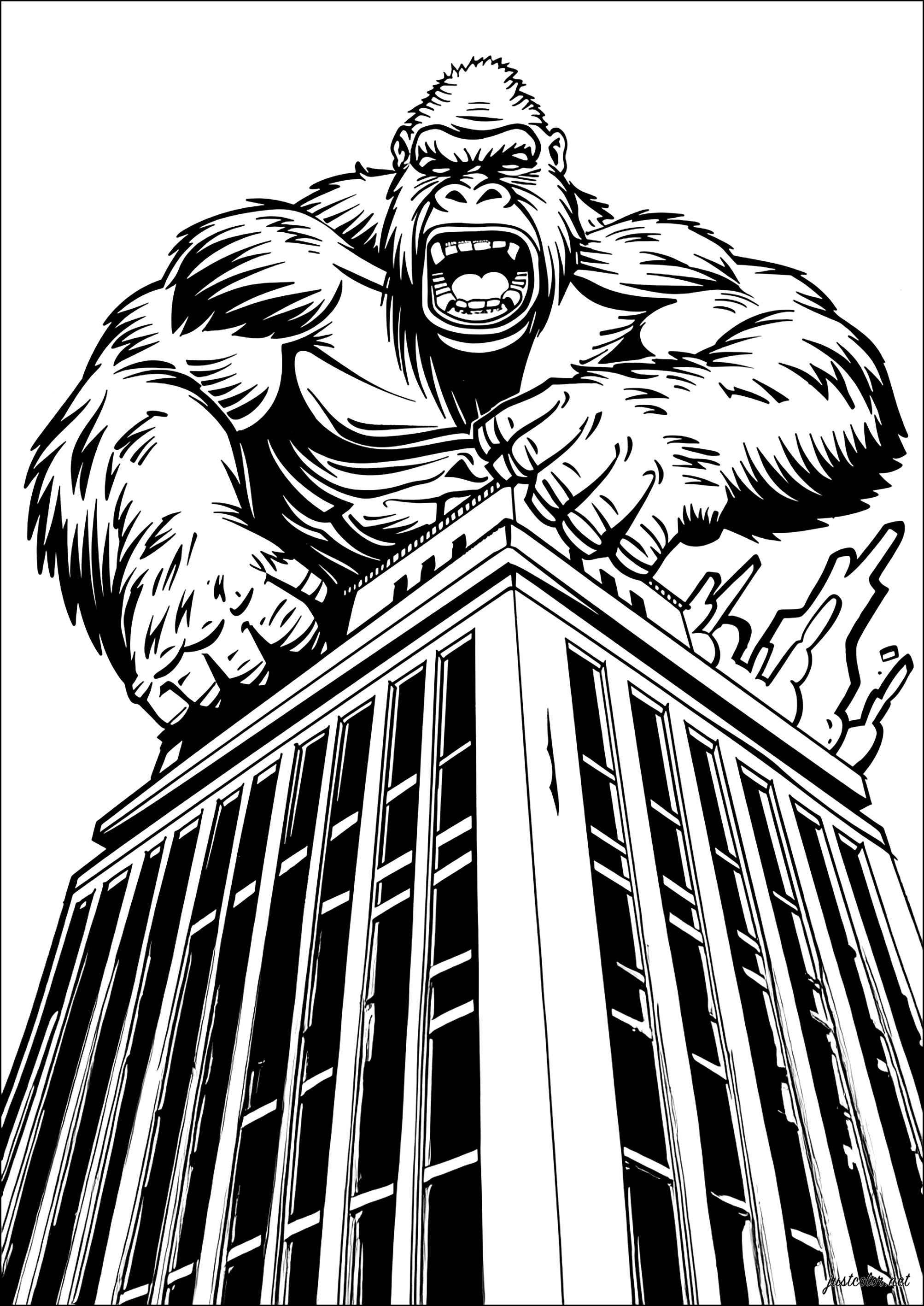 King Kong in cima a un edificio (Pagina da Colorare per bambini)