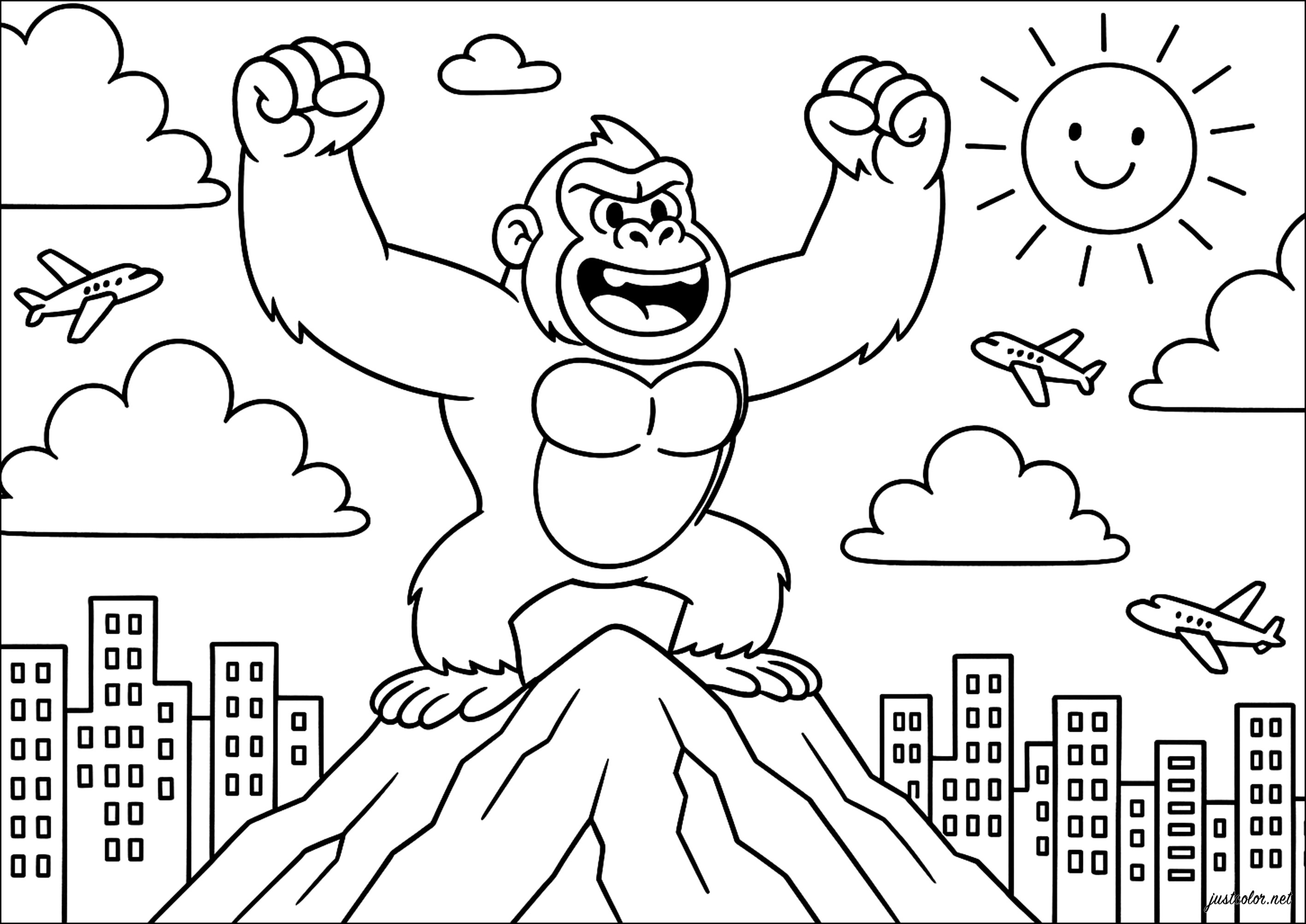 Il gigante in cima a una montagna (Pagina King Kong da Colorare per bambini)