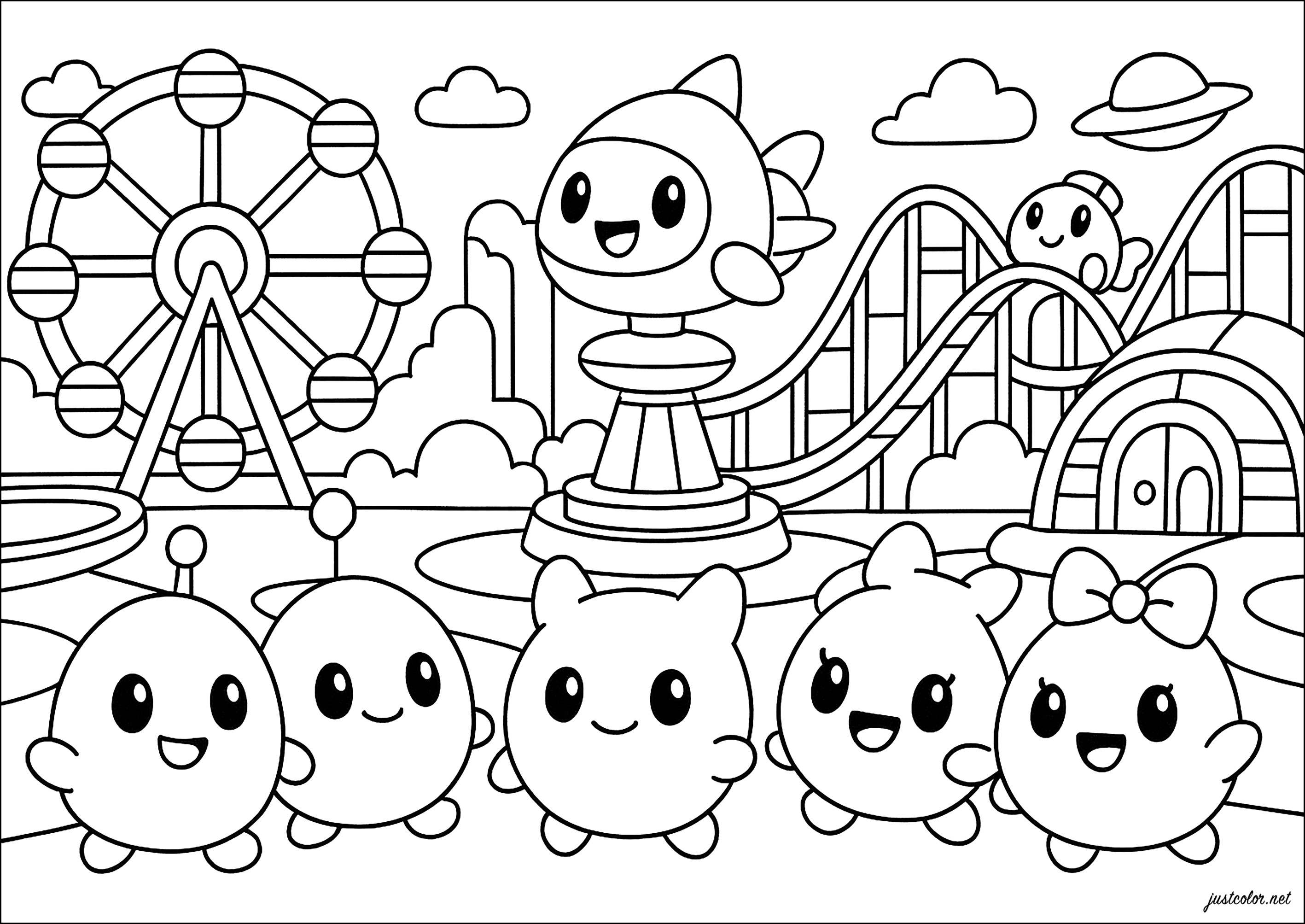 Divertenti avventure al parco divertimenti (Pagina Kirby da Colorare per bambini)