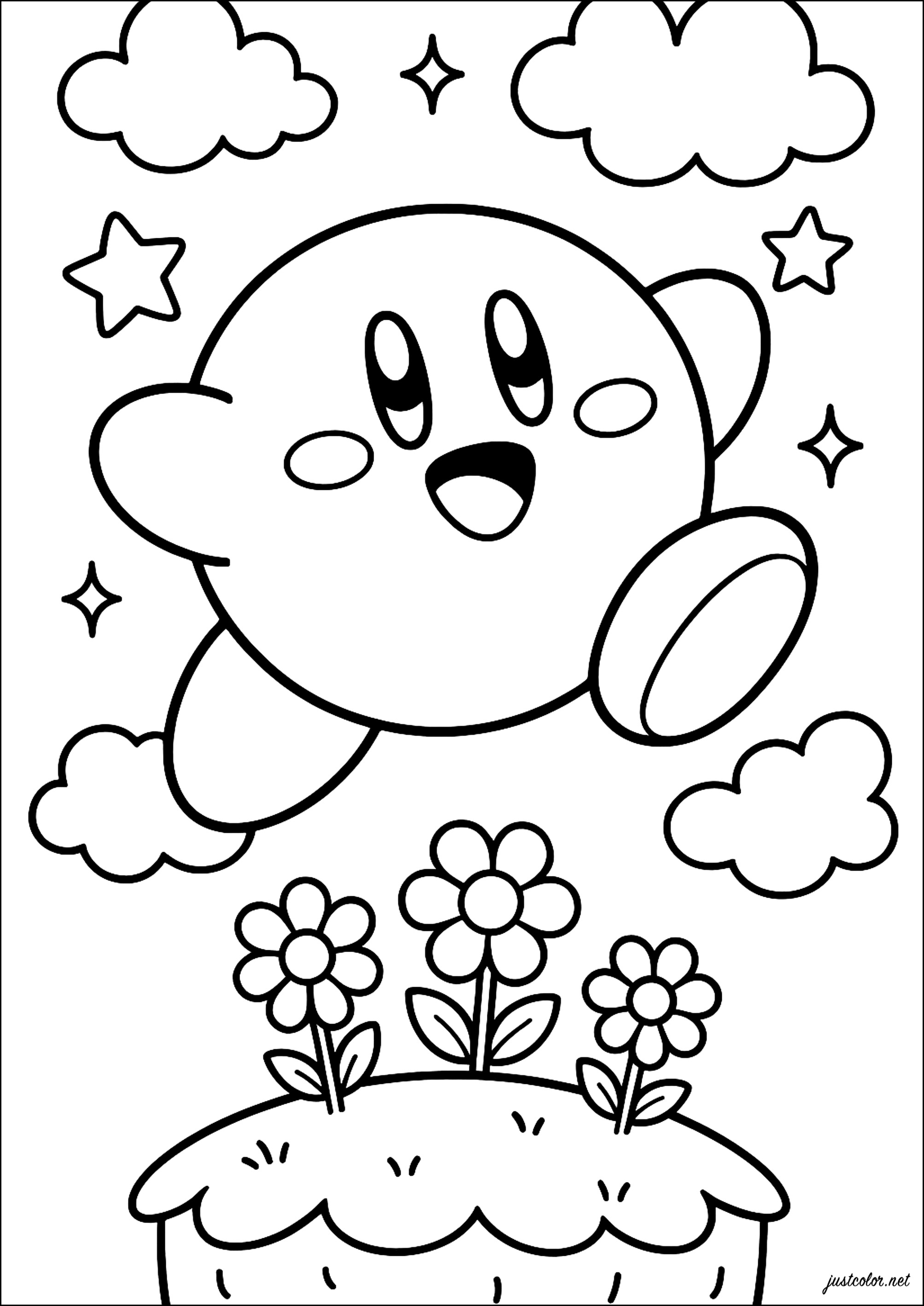 Kirby salta tra le nuvole (Pagina da Colorare per bambini)