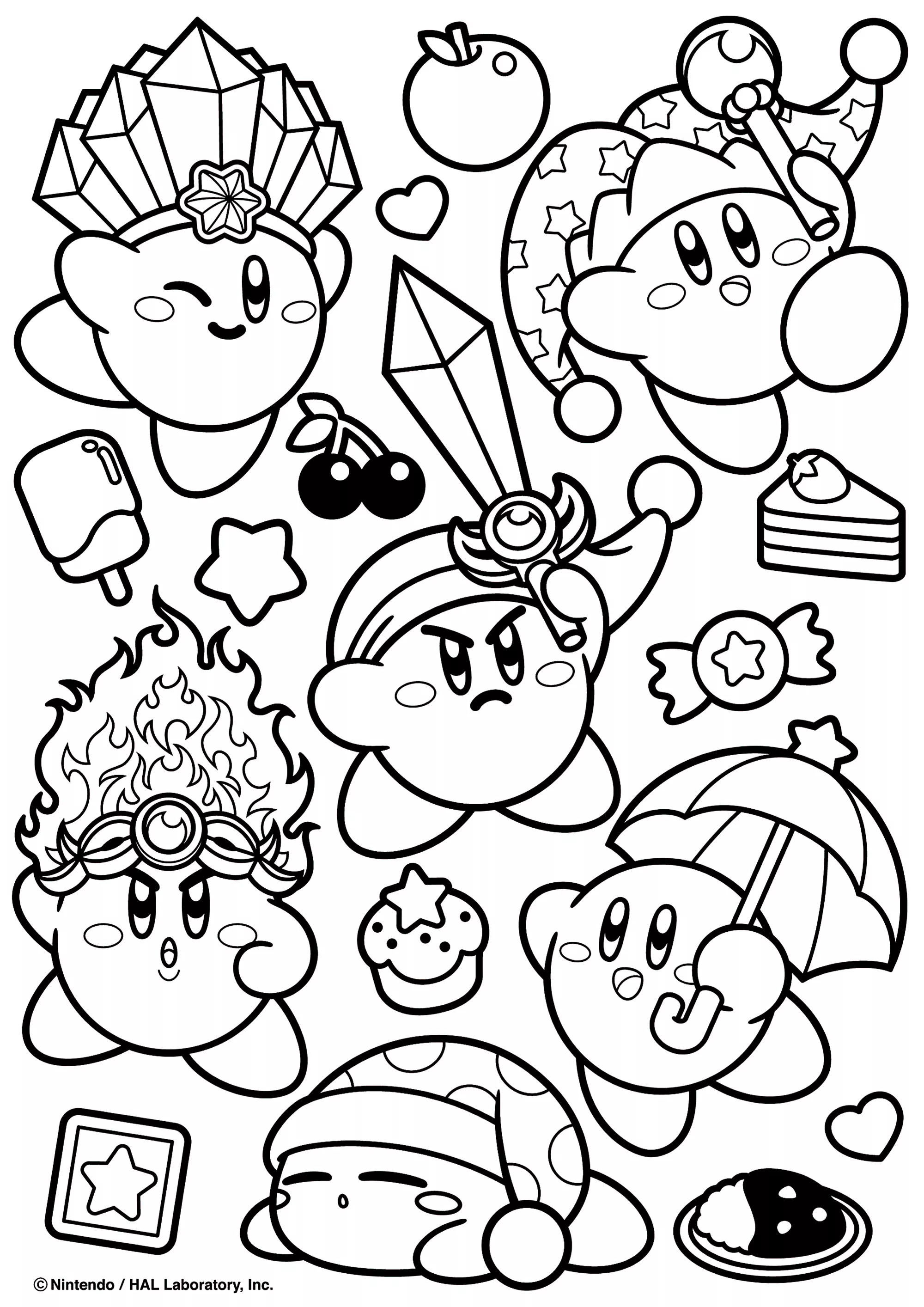 Kirby in varie situazioni (Pagina da Colorare per bambini)