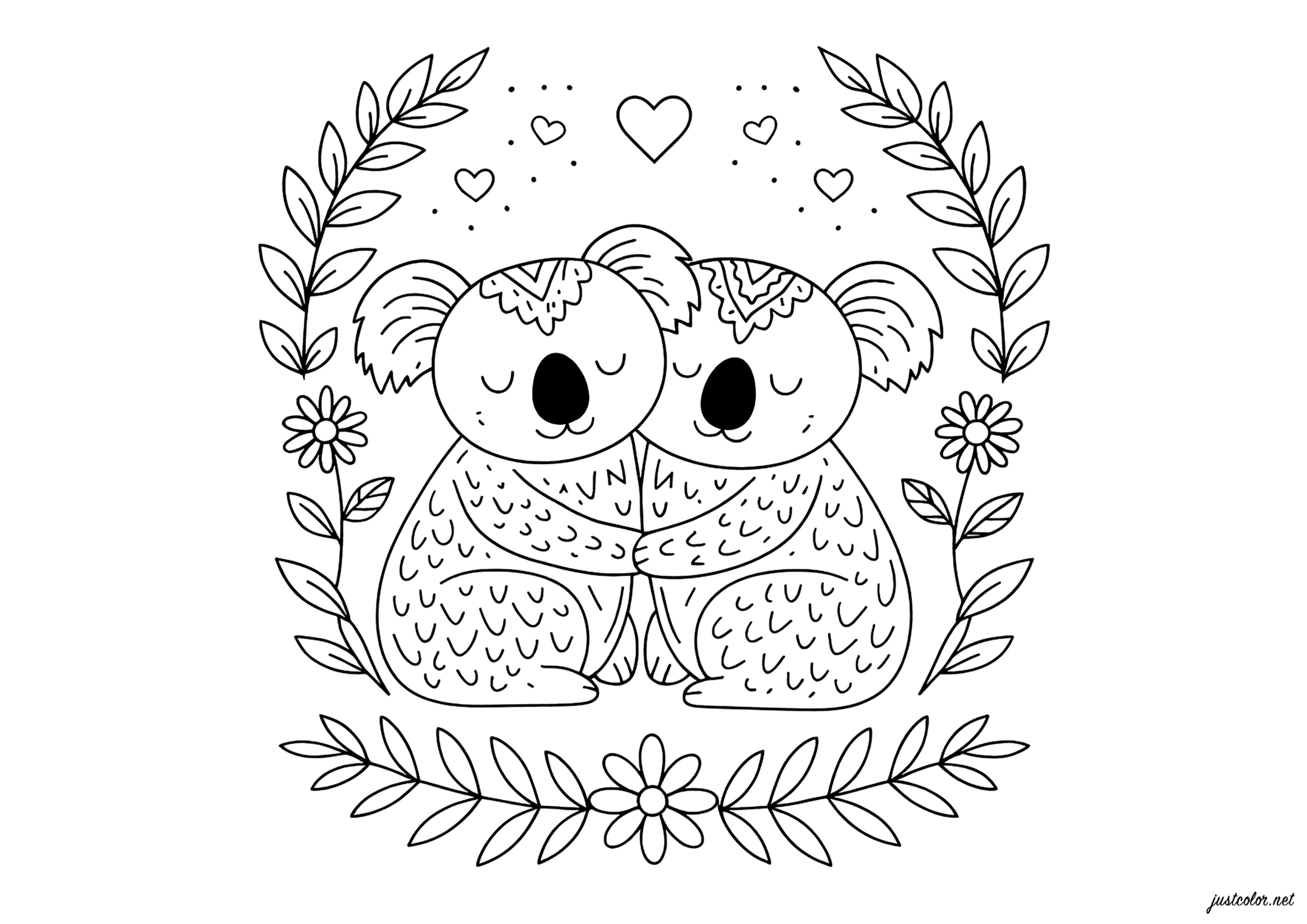 Tenerezza di Koala innamorato - Pagine Koala da Colorare, image size:2828x2000