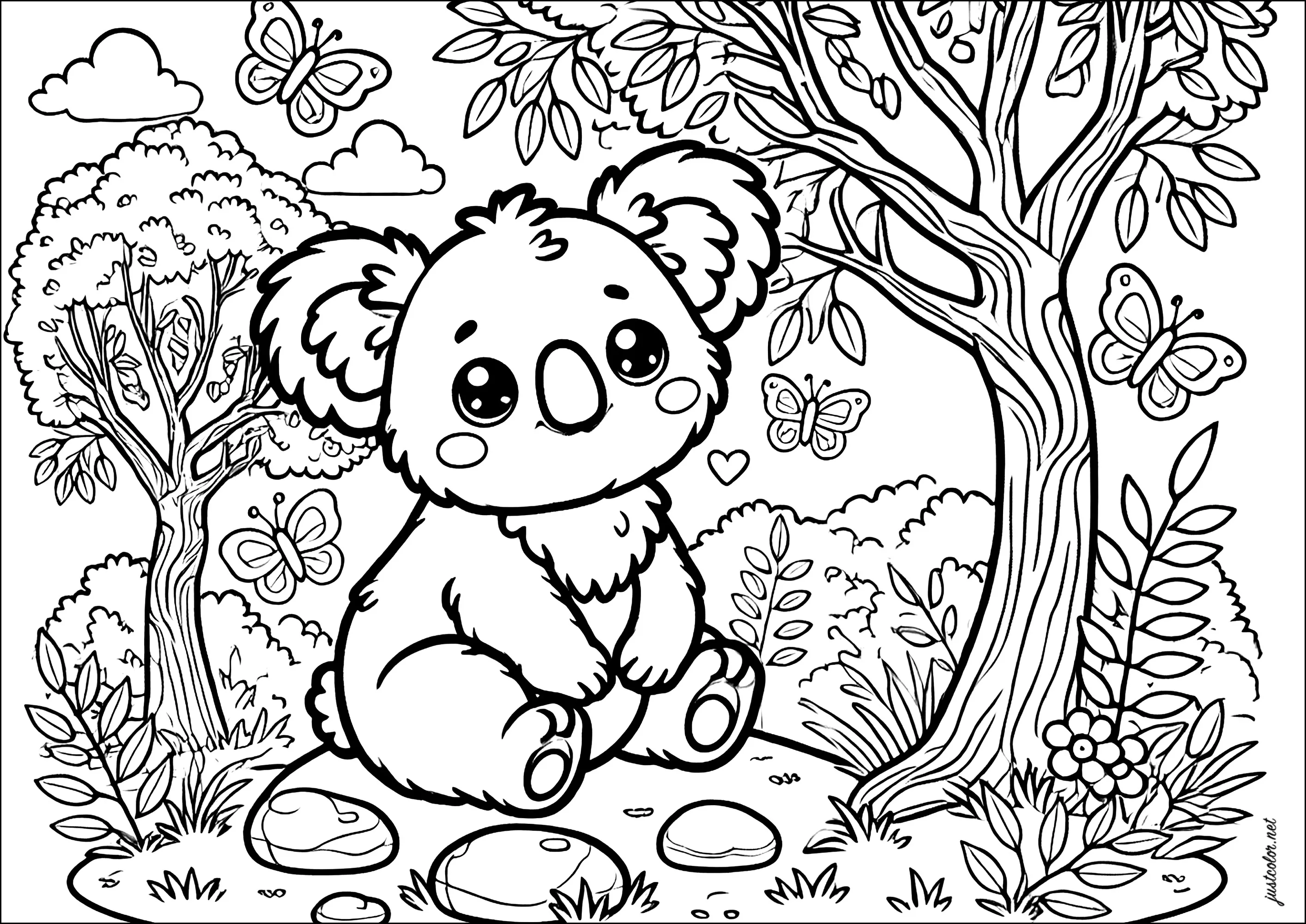 Un simpatico Koala in una foresta (Pagina da Colorare per bambini)