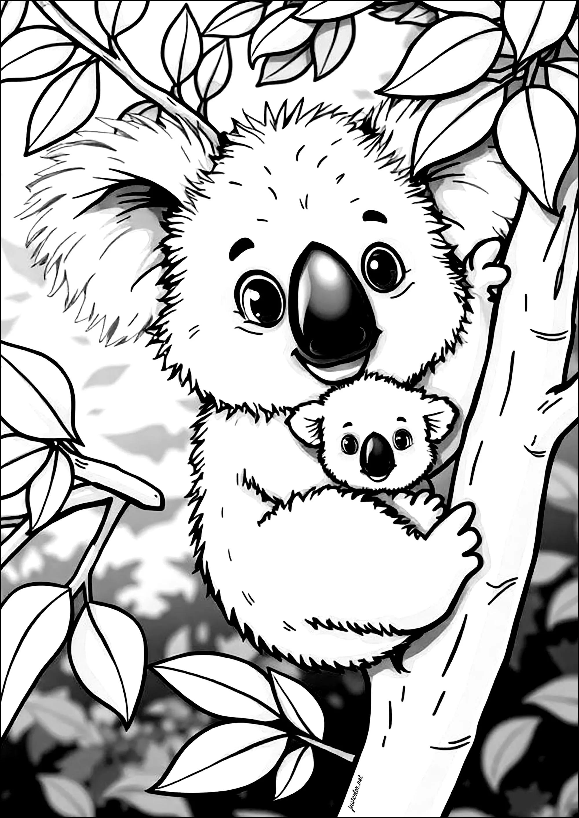 Koala e il suo bambino - Pagine Koala da Colorare, image size:2000x2828