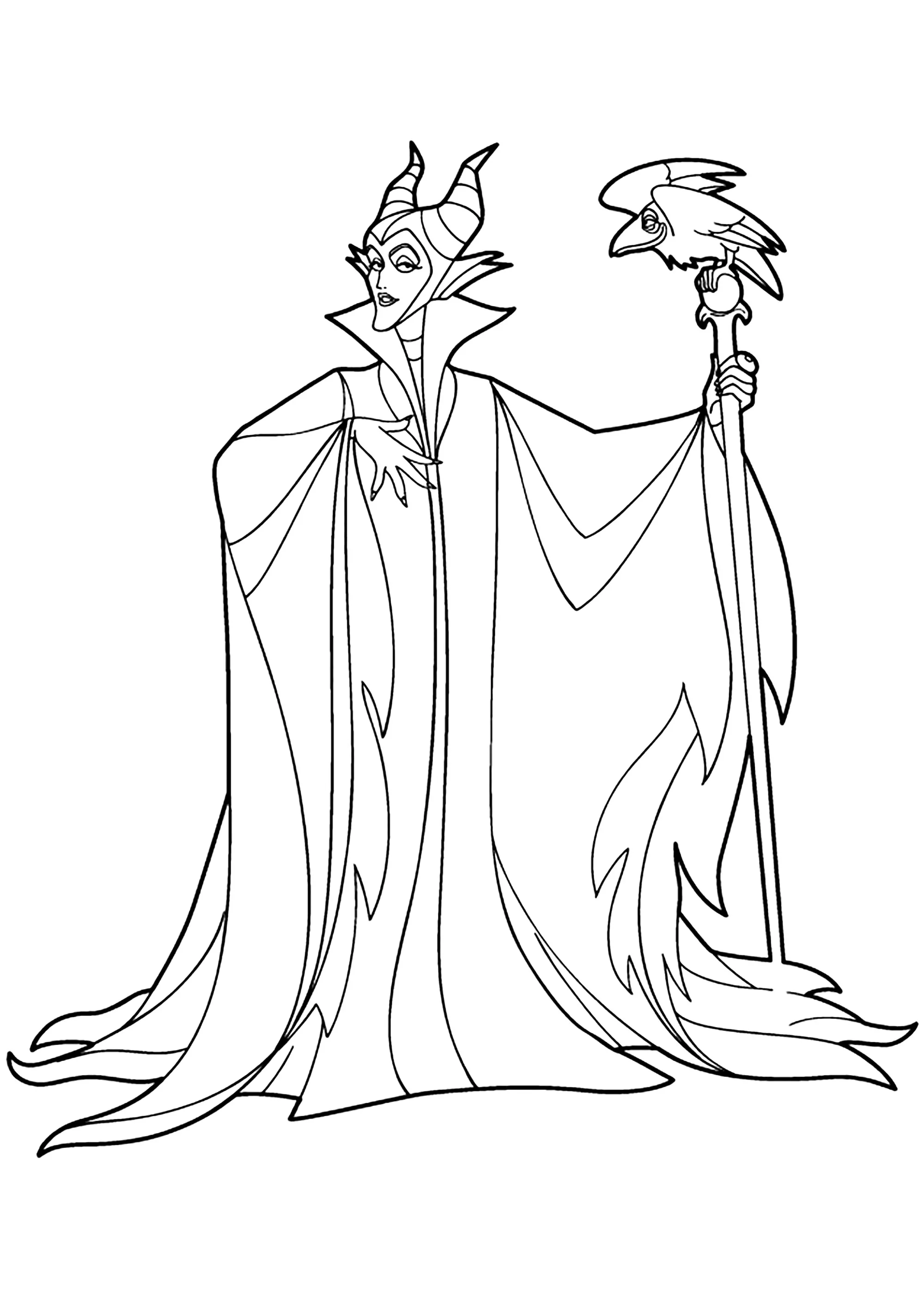 Malefica e il suo corvo (Pagina La Bella Addormentata Nel Bosco da Colorare per bambini)