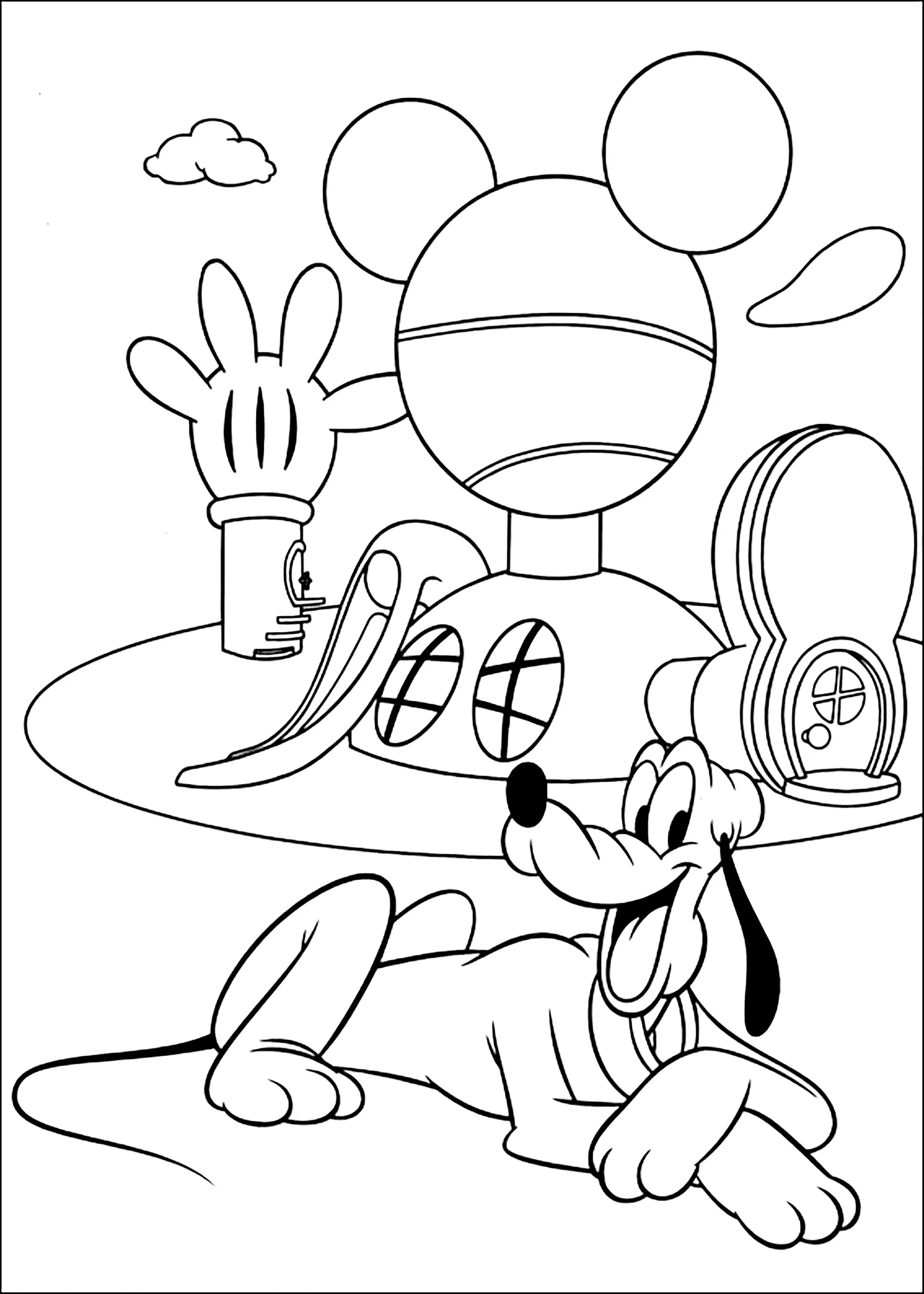 Pluto davanti alla Casa di Topolino (Pagina La Casa di Topolino da Colorare per bambini)
