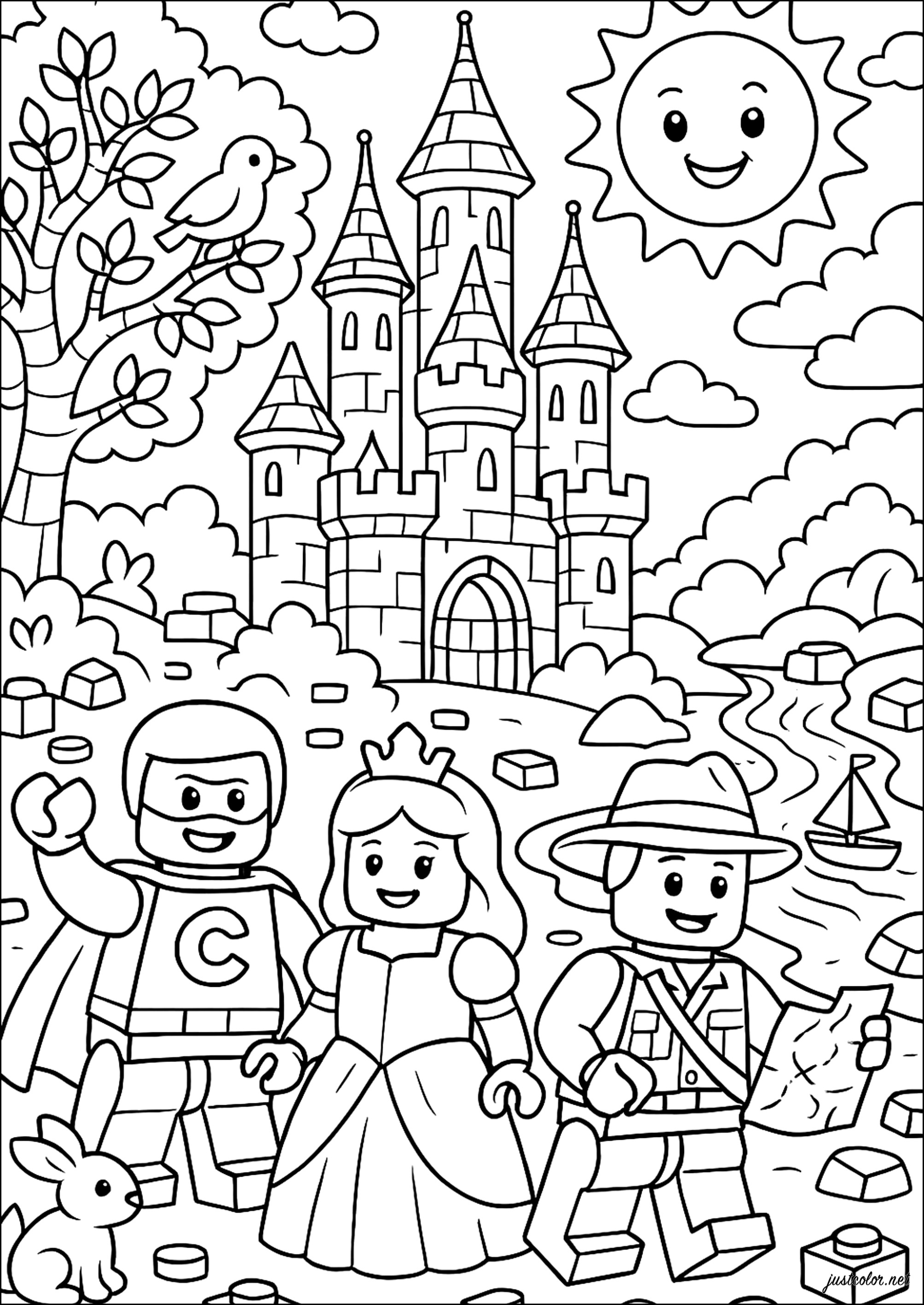 Avventura nel castello con vari personaggi (Pagina Legos da Colorare per bambini)