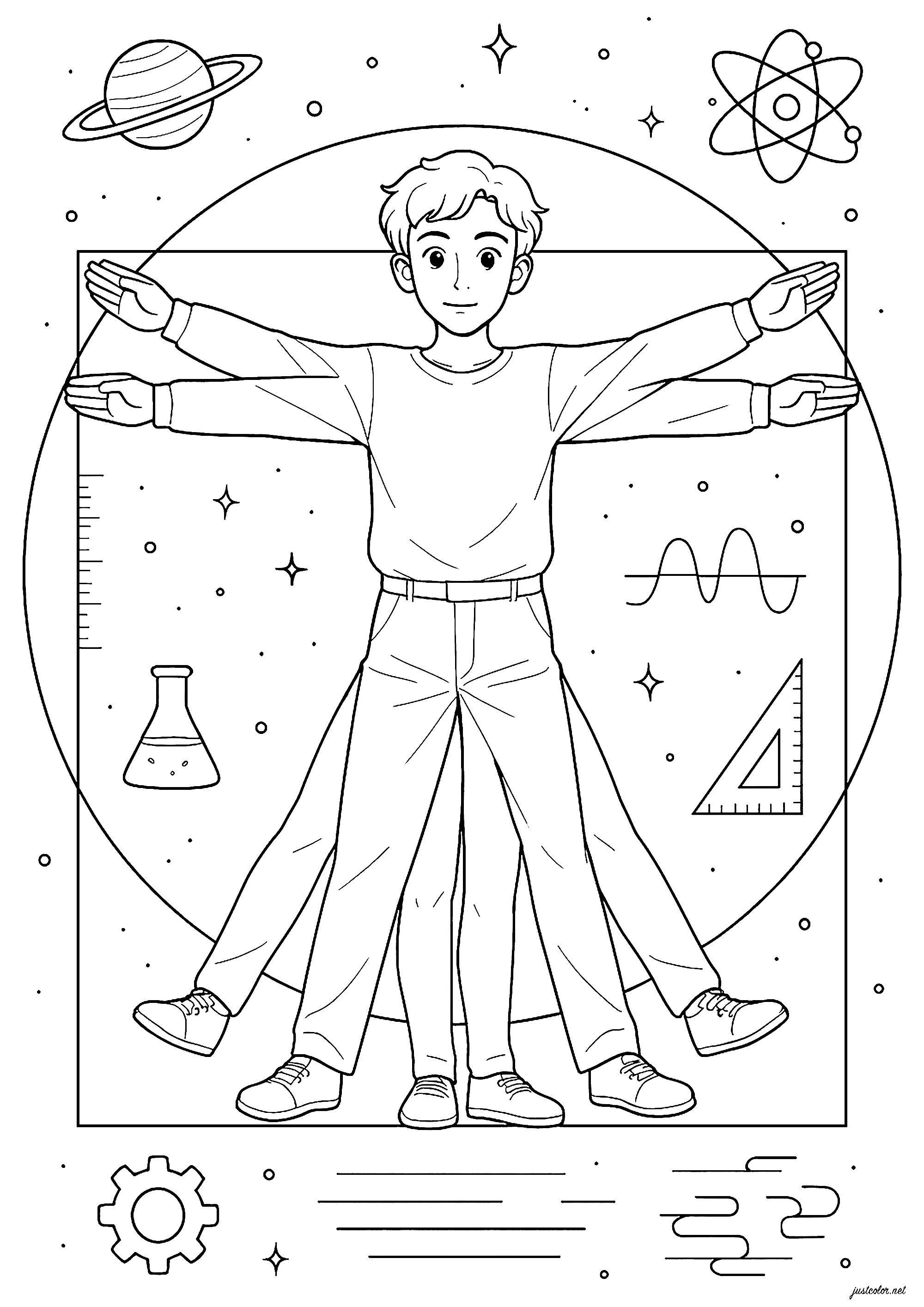 L'Uomo Vitruviano adattato a simbolo della scienza (Pagina Leonardo da Vinci da Colorare per bambini)