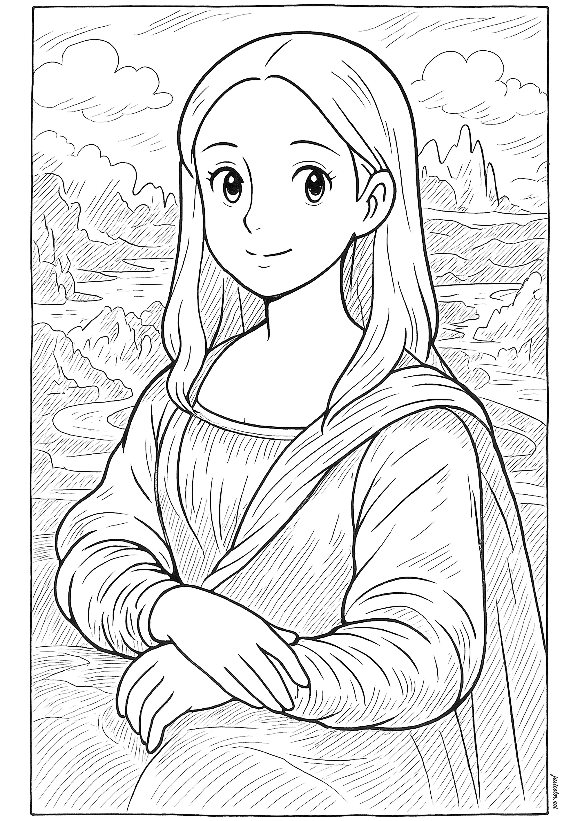 La Gioconda in stile Studio Ghibli (Pagina Leonardo da Vinci da Colorare per bambini)
