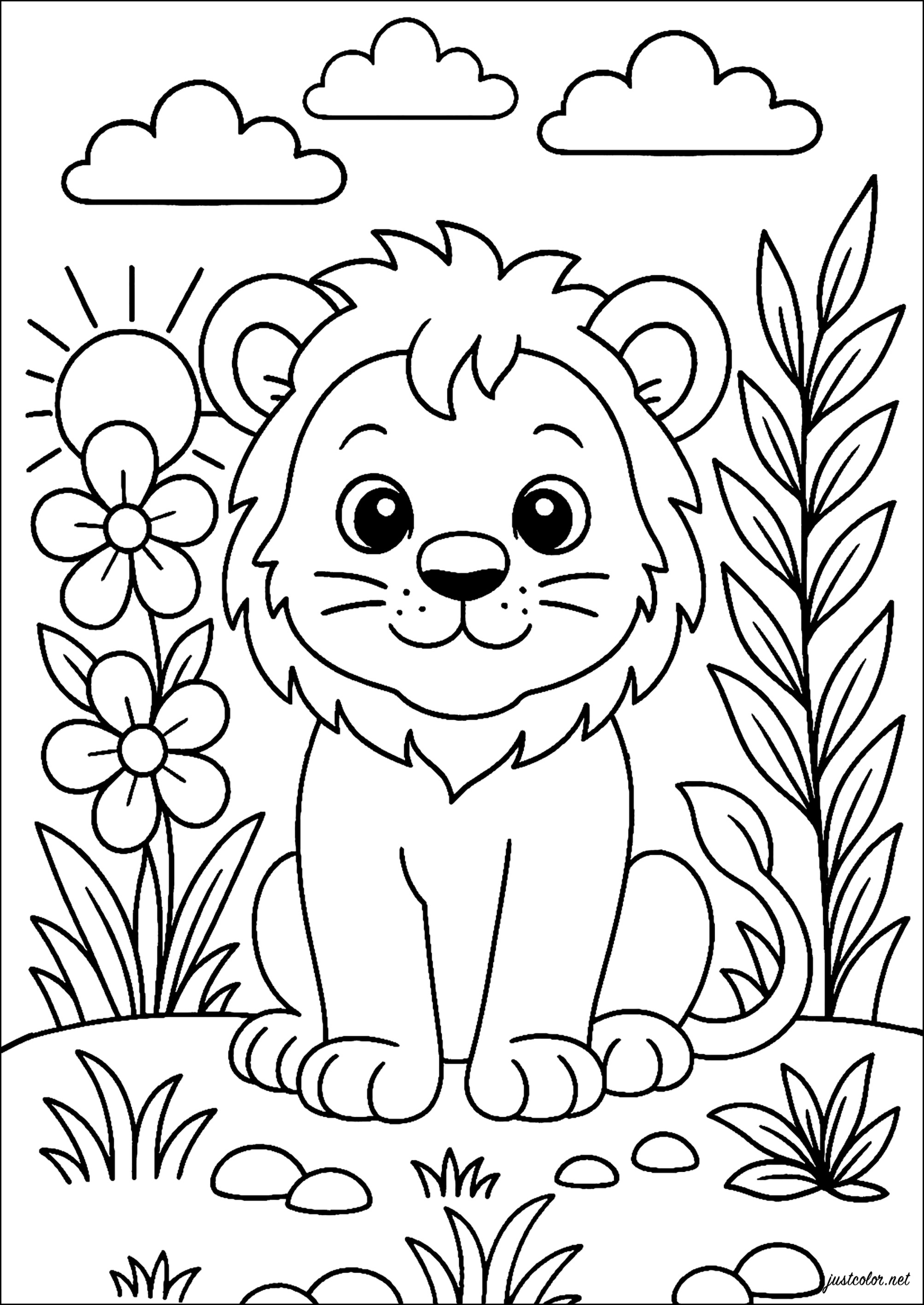 Gentile Leoncino nella savana (Pagina Leone da Colorare per bambini)