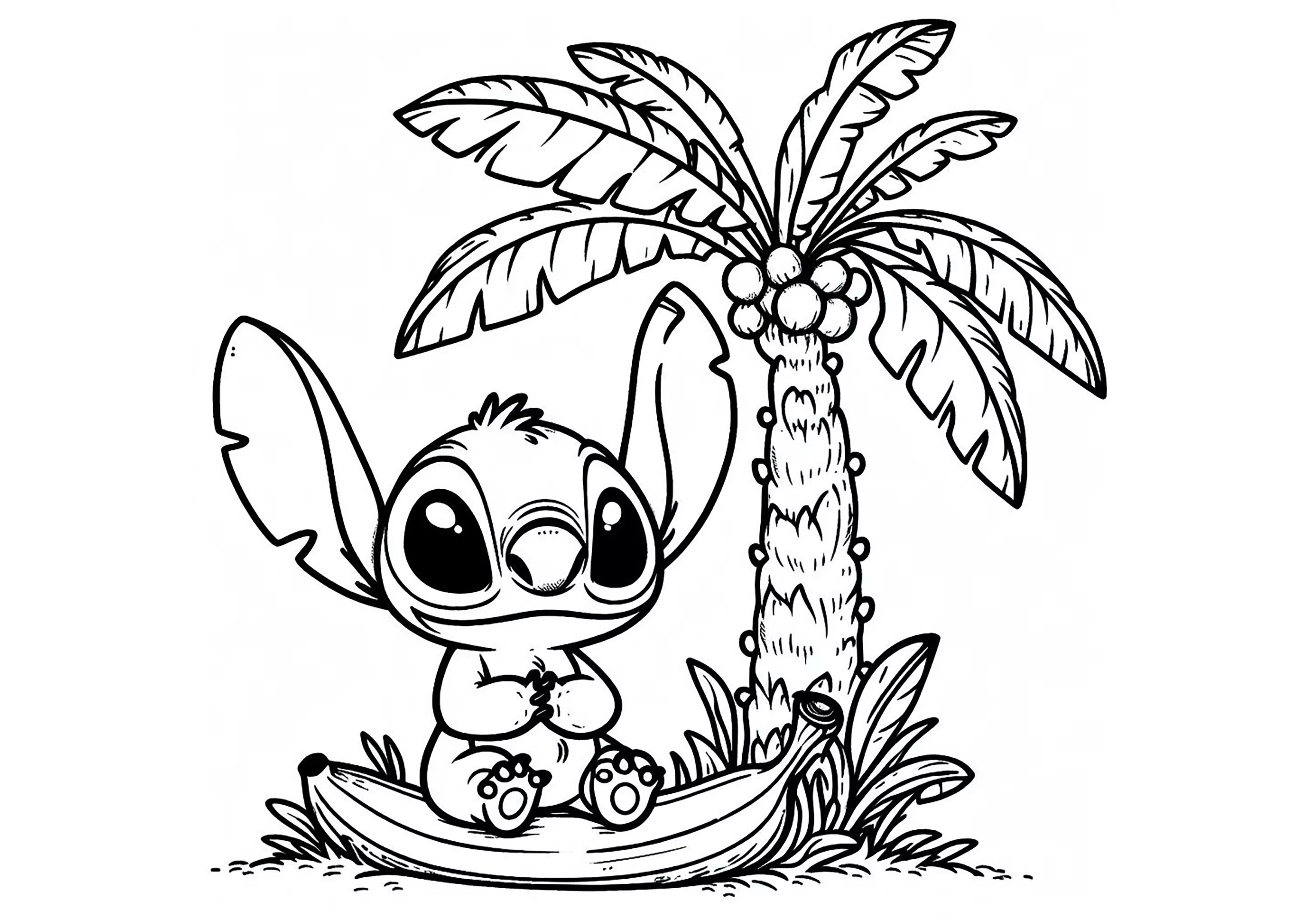 Stitch al piede di una palma (Pagina Lilo e Stitch da Colorare per bambini)