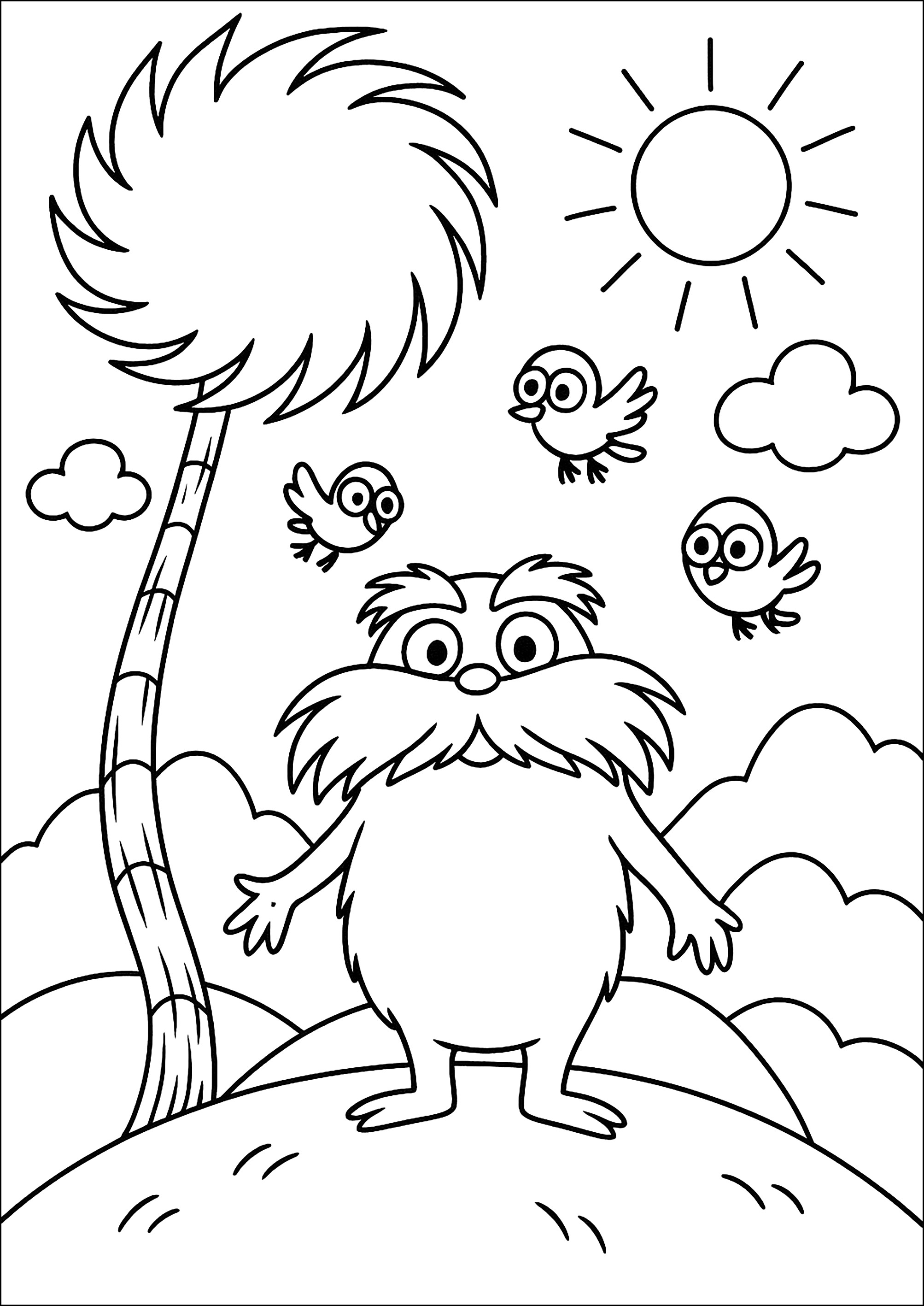 Il con tre piccoli uccelli - Pagine Lorax da Colorare, image size:2006x2834