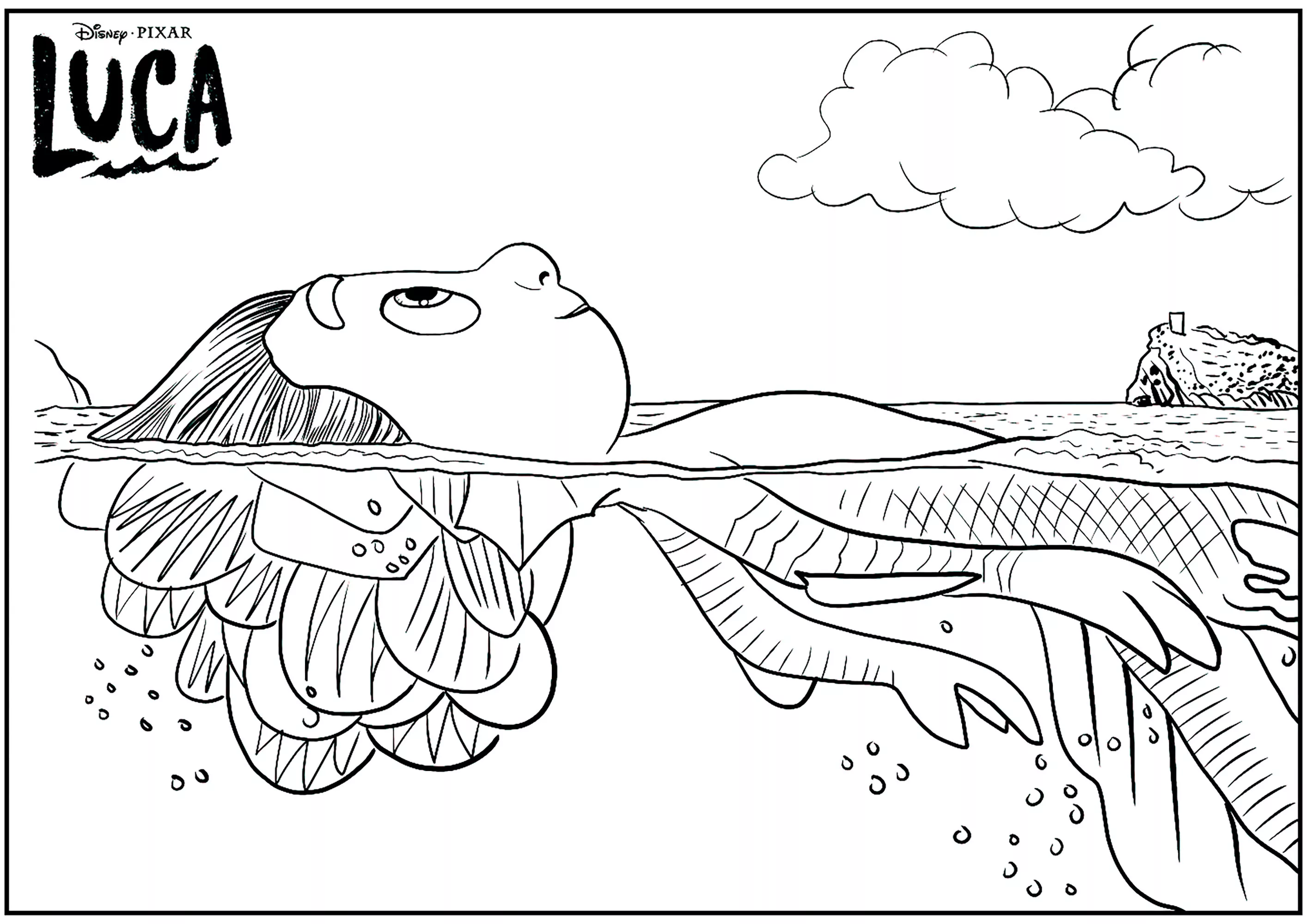 Luca si riposa nell'acqua. (Pagina da Colorare per bambini)