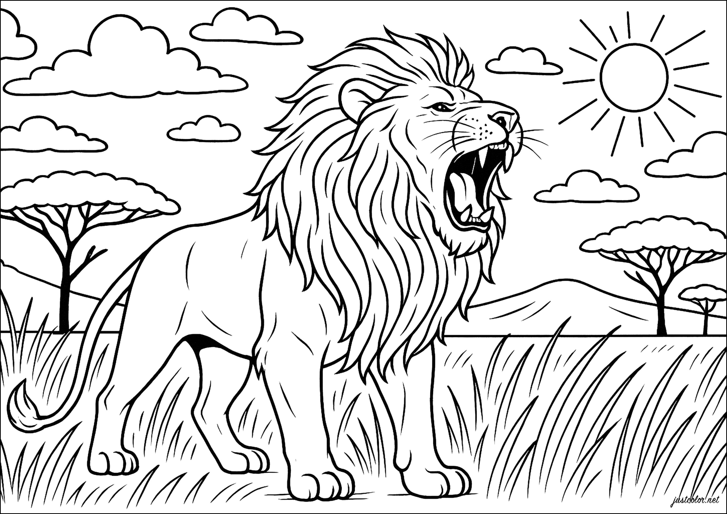 Re della savana in piena potenza (Pagina Lupo da Colorare per bambini)