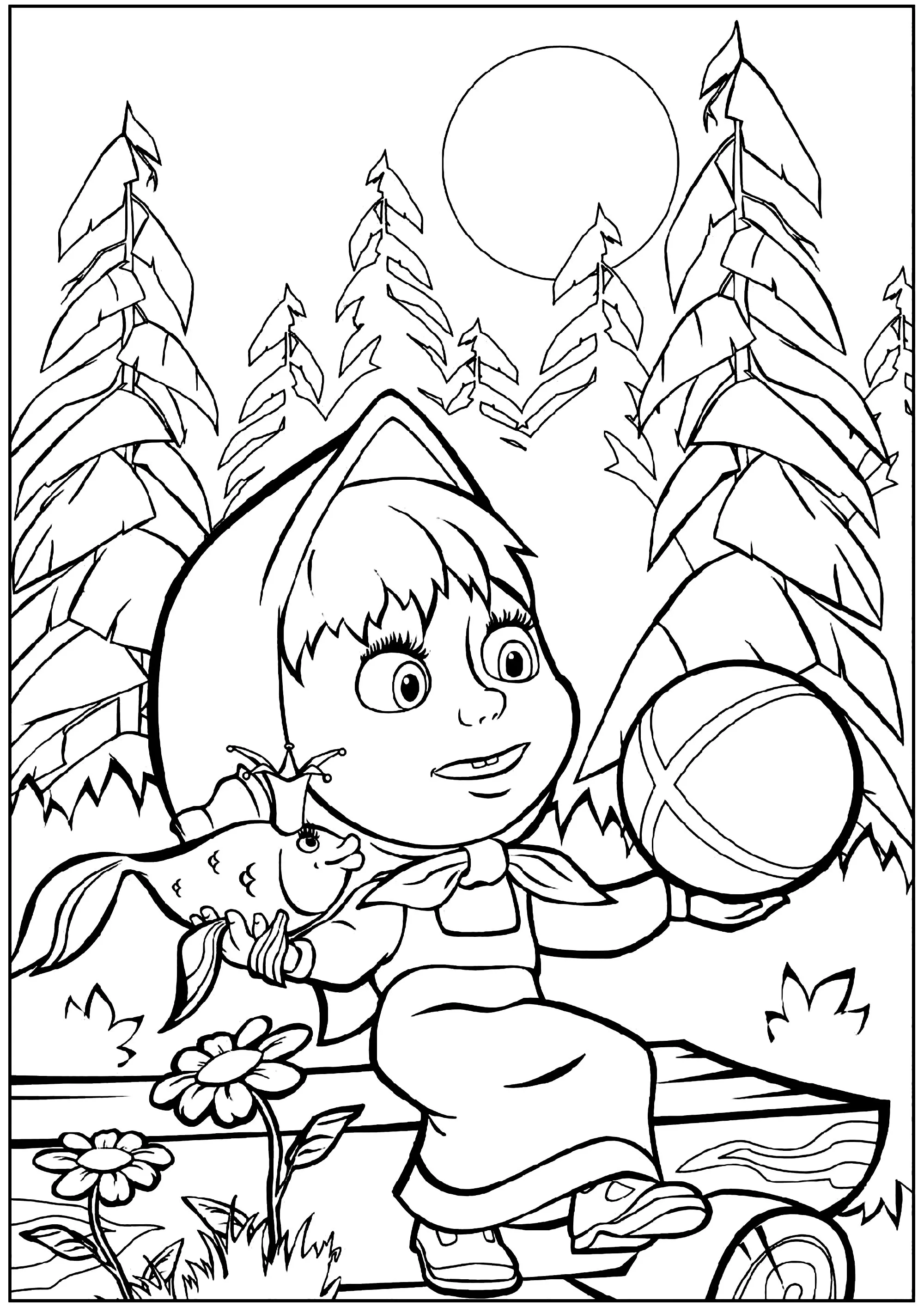 Masha con un pesce e una palla. (Pagina Macha e lOrso da Colorare per bambini)
