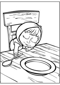 Masha si addormenta davanti al suo piatto. (Pagina Macha e lOrso da Colorare)