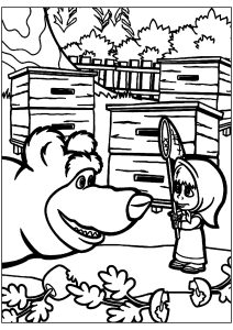 Masha e il suo migliore amico nella foresta. (Pagina Macha e lOrso da Colorare)