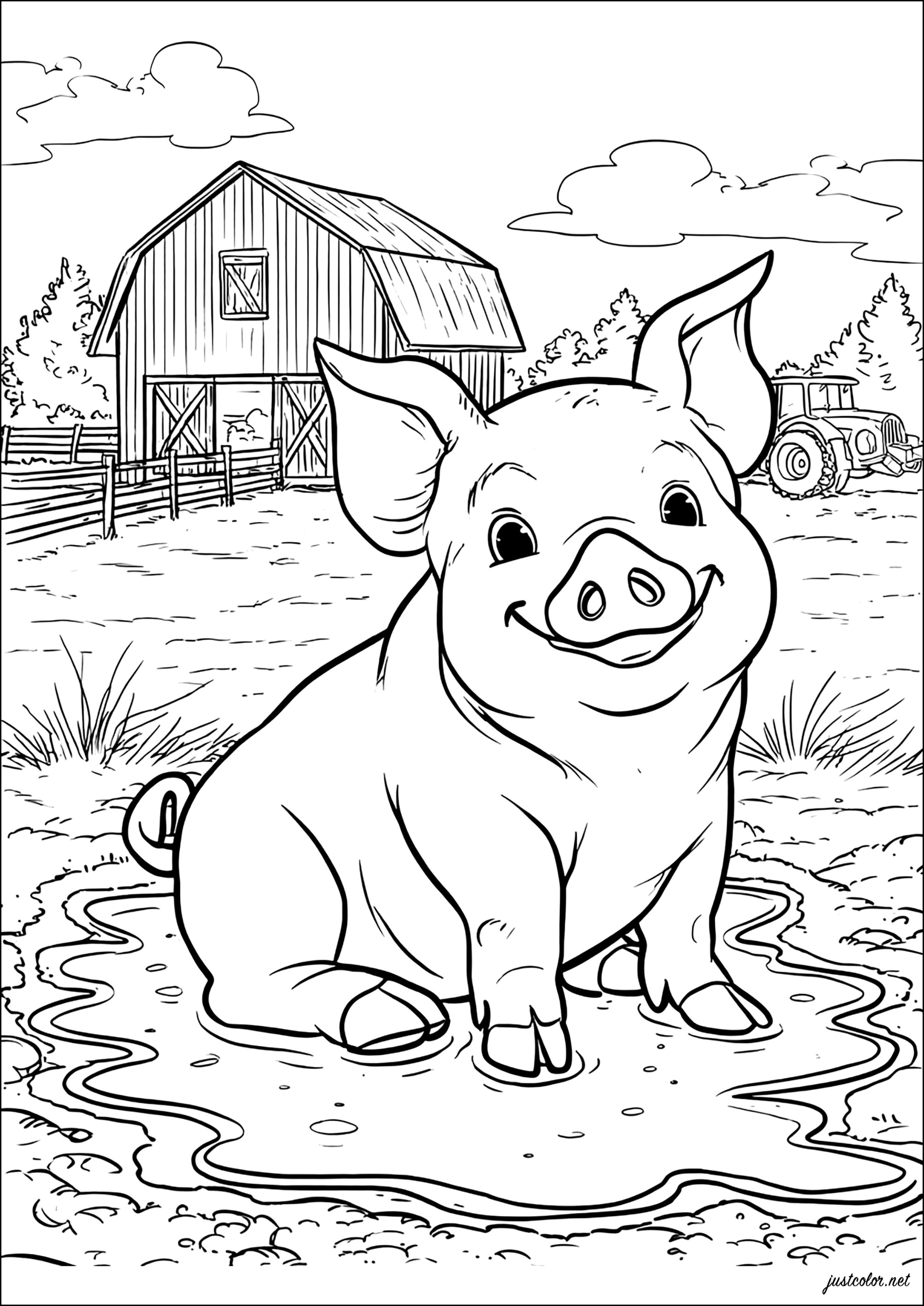 Piccolo maiale felice nella fattoria (Pagina Maiali da Colorare per bambini)