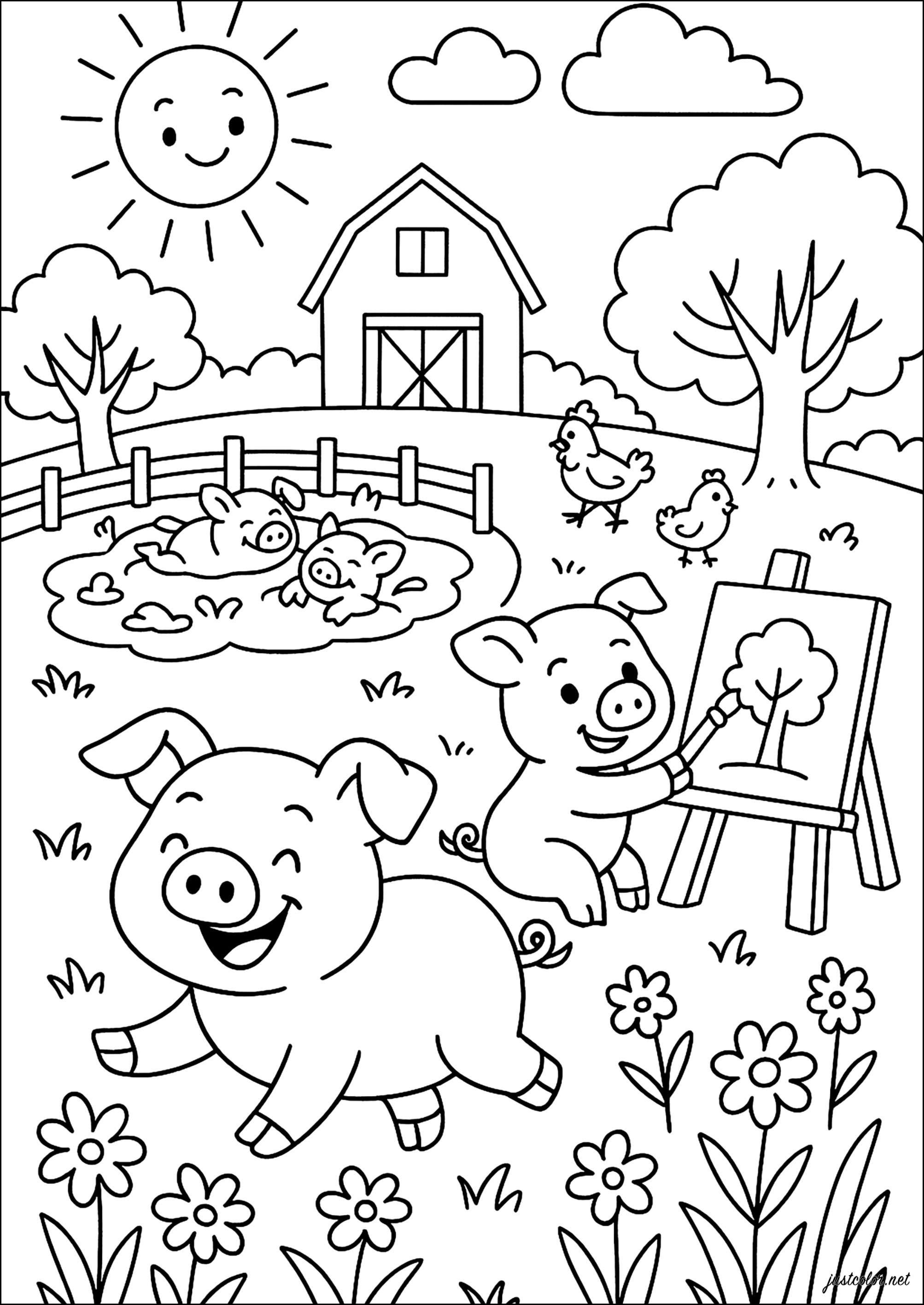 Maiali felici nella fattoria (Pagina da Colorare per bambini)