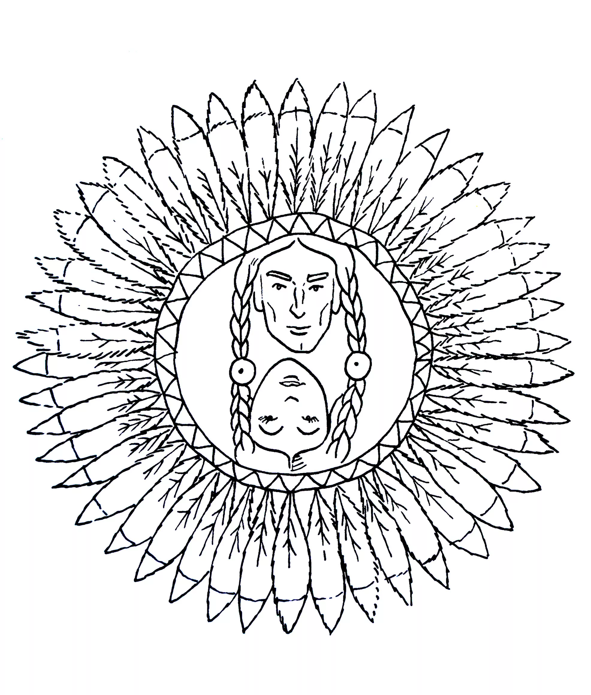 Mandala con due indiani d'America (Pagina da Colorare per bambini)