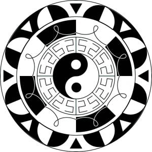 Il famoso simbolo Yin & Yang integrato in un bel Mandala in bianco e nero. (Pagina da Colorare)