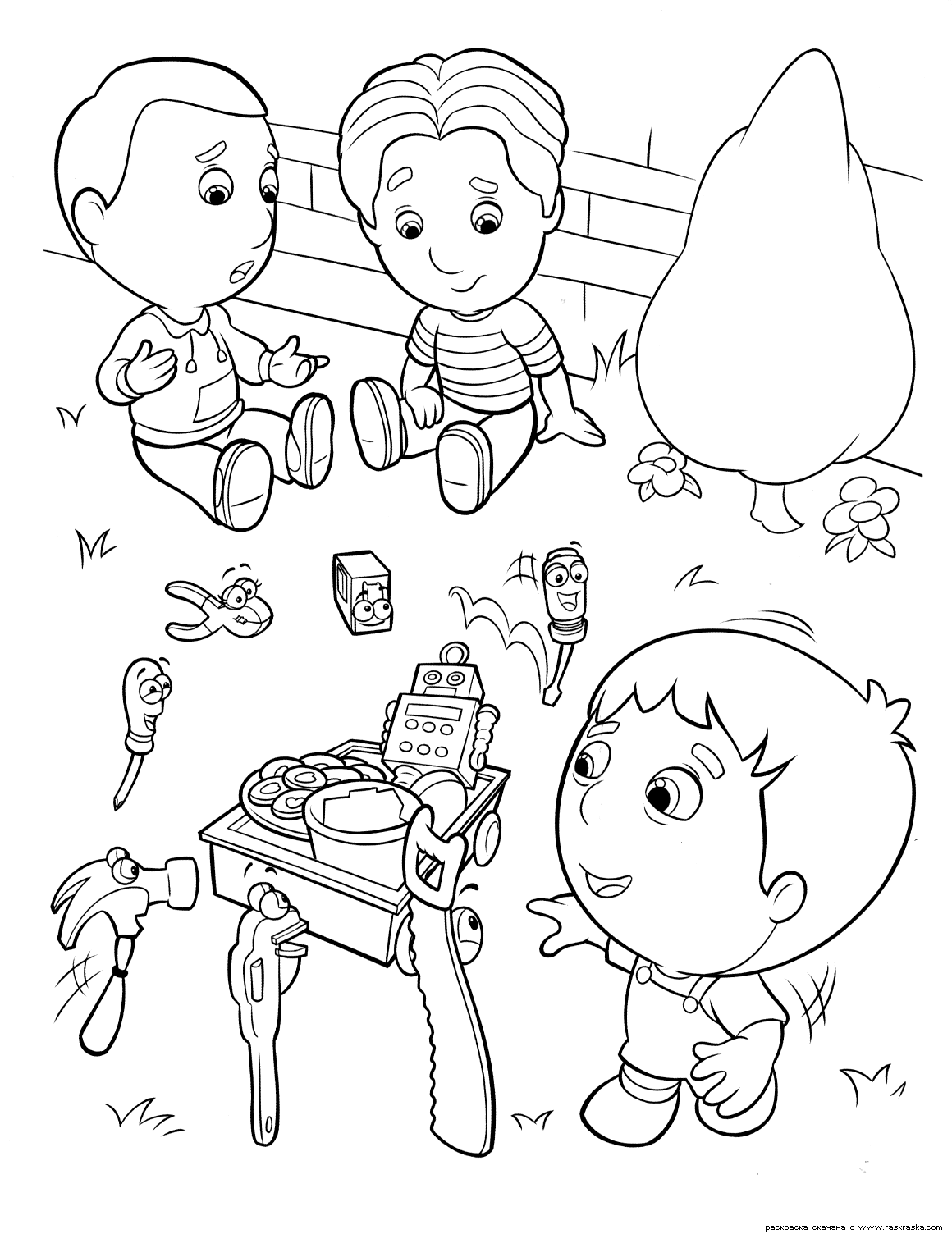 Stampa per i bambini il disegno da colorare di Manny Tuttofare e i suoi attrezzi. (Many e i suoi strumenti)