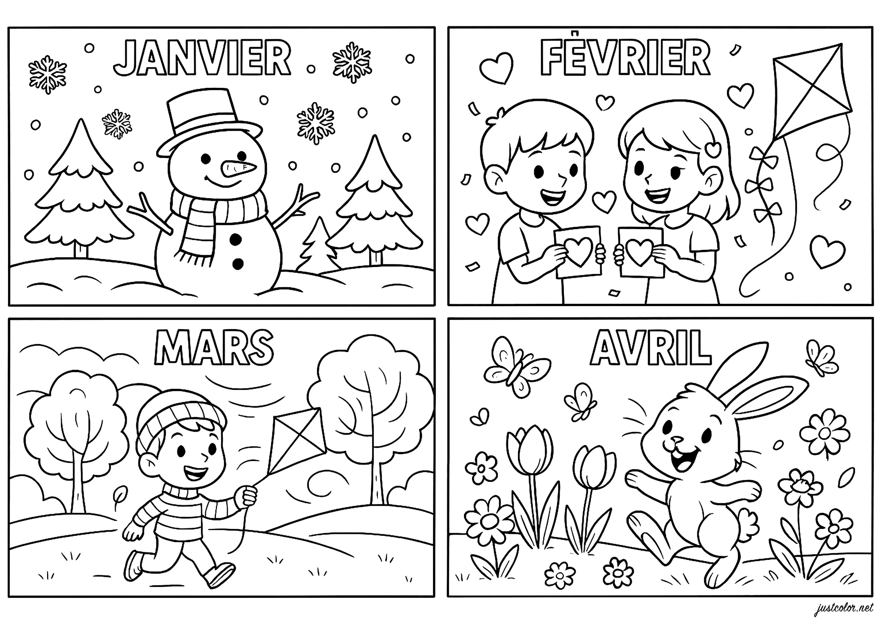 Gennaio ad Aprile (Pagina Mesi da Colorare per bambini)