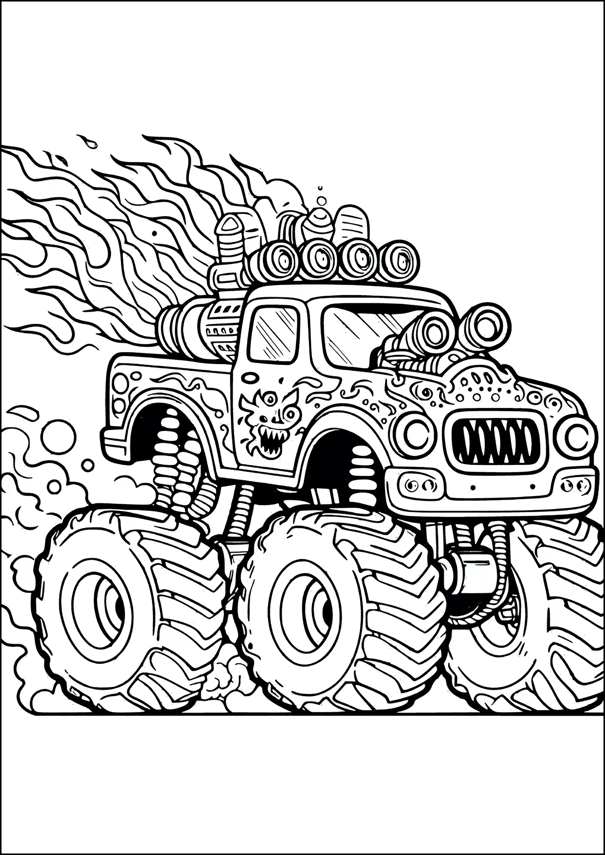Monster Truck con fiamme che escono dai suoi enormi scarichi. (Pagina da Colorare per bambini)