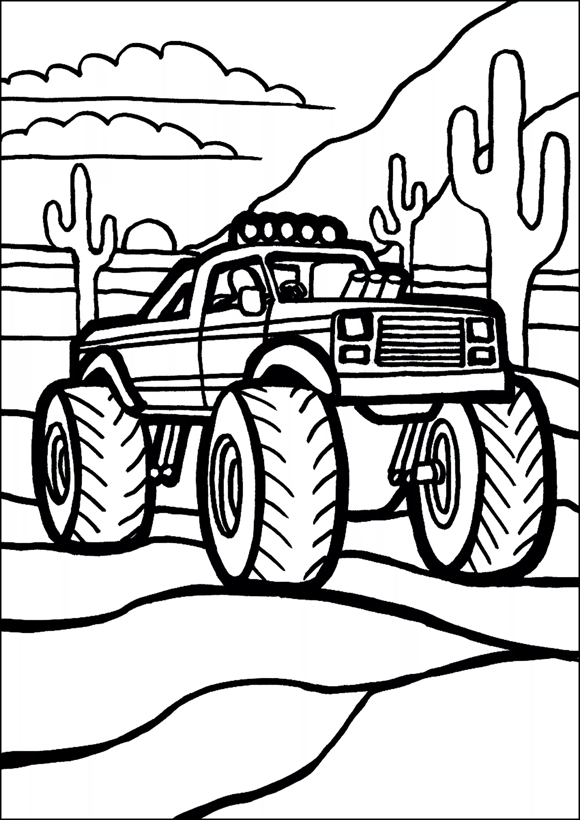 Un Monster Truck dalle linee molto spesse, nel deserto. (Pagina da Colorare per bambini)