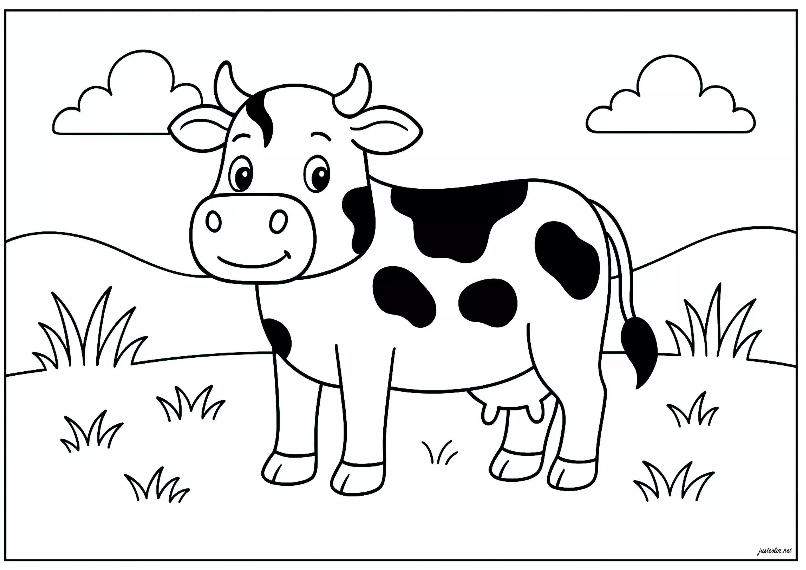 Graziosa piccola Mucca con macchie nere (Pagina da Colorare per bambini)